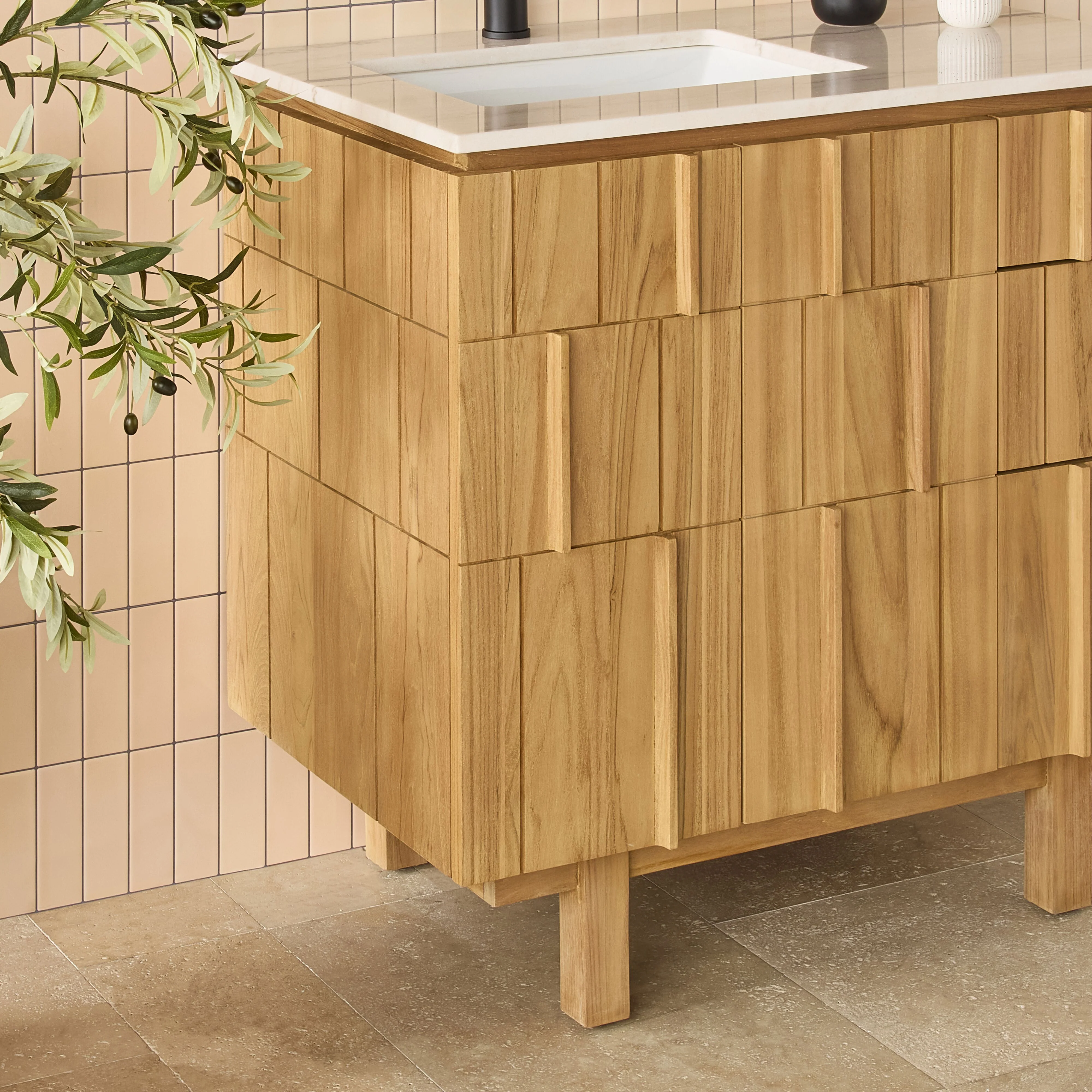 Asher Single Bathroom Vanity Teak with Stone Top 910mm Package - Image 10