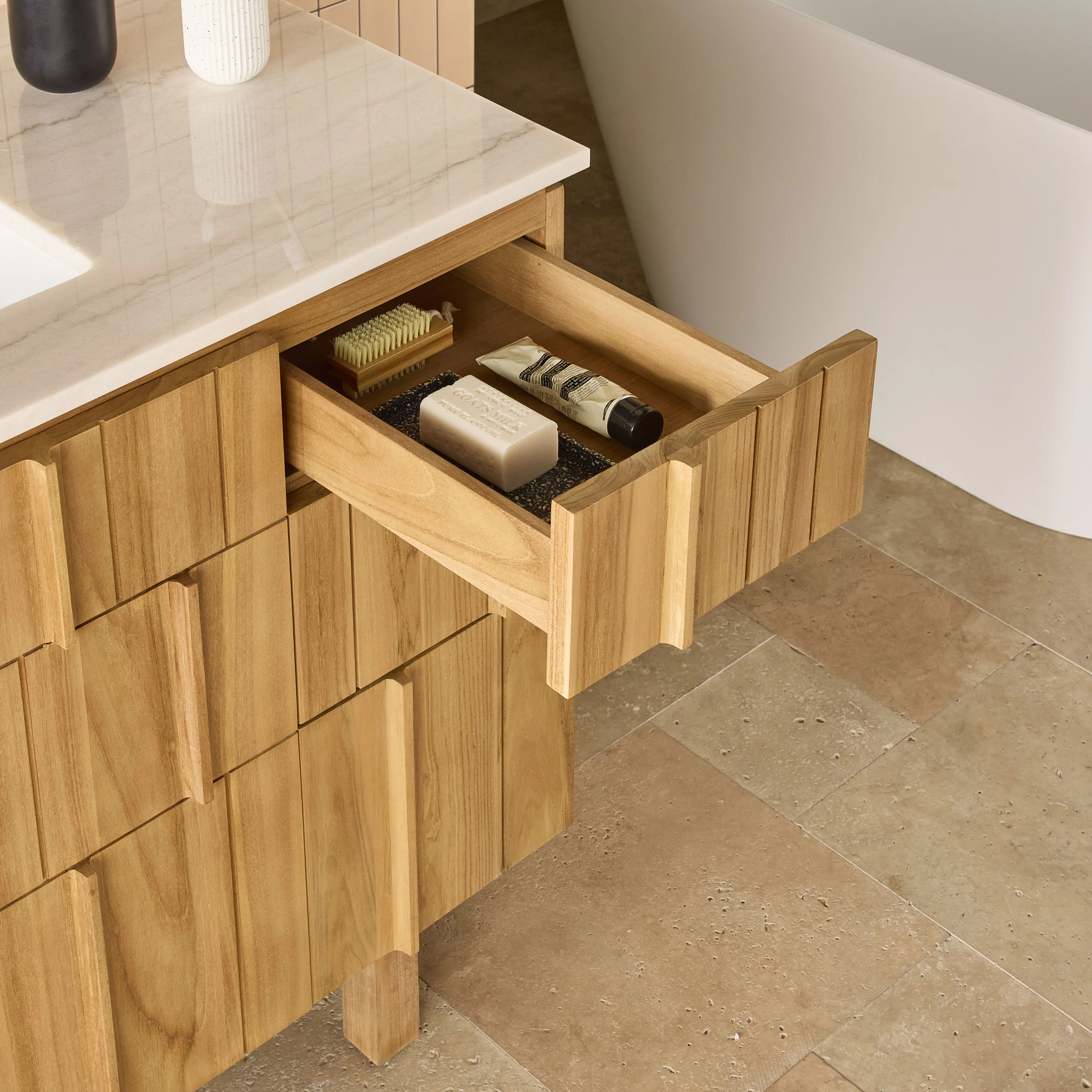 Asher Single Bathroom Vanity Teak with Stone Top 910mm Package - Image 12