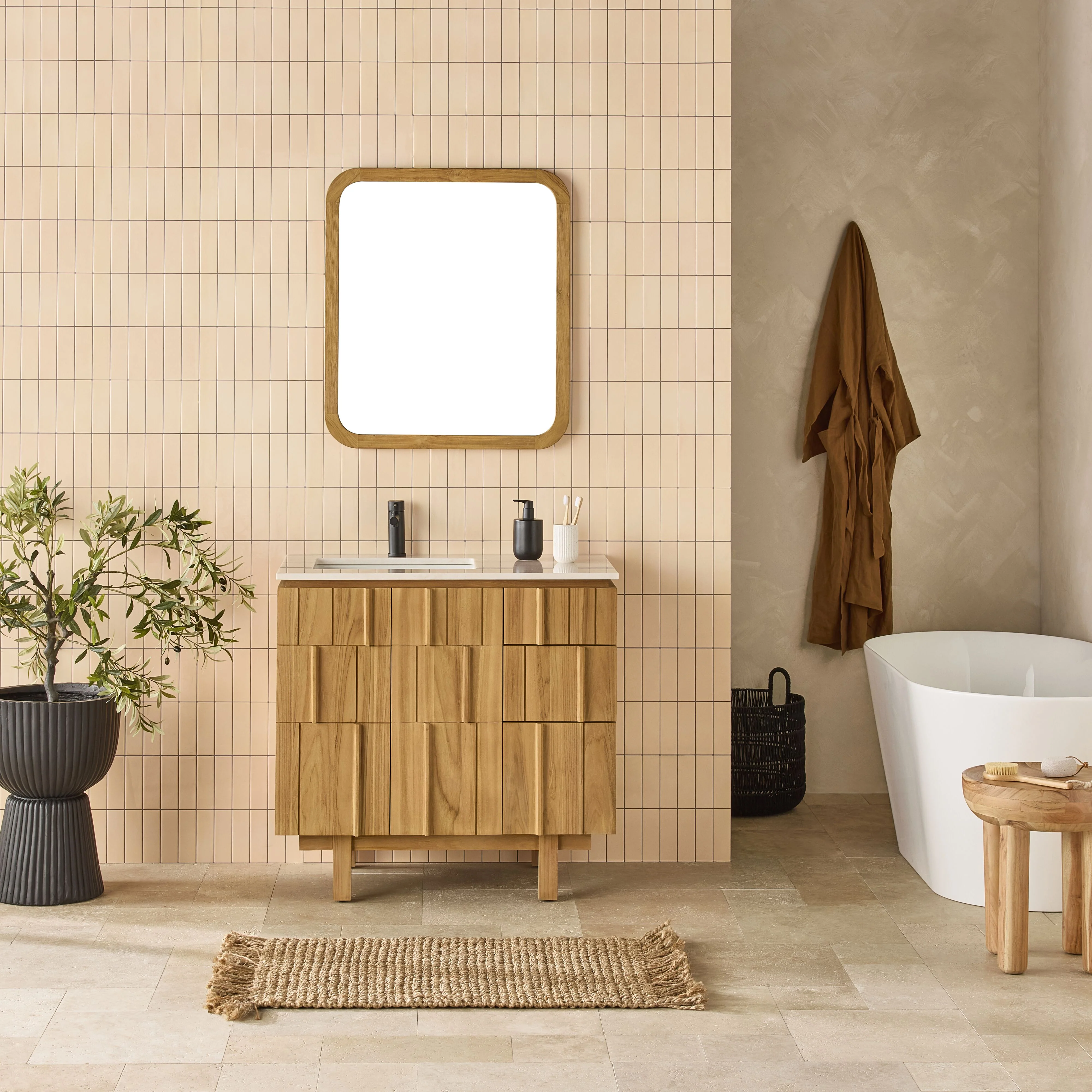 Asher Single Bathroom Vanity Teak with Stone Top 910mm Package - Image 8