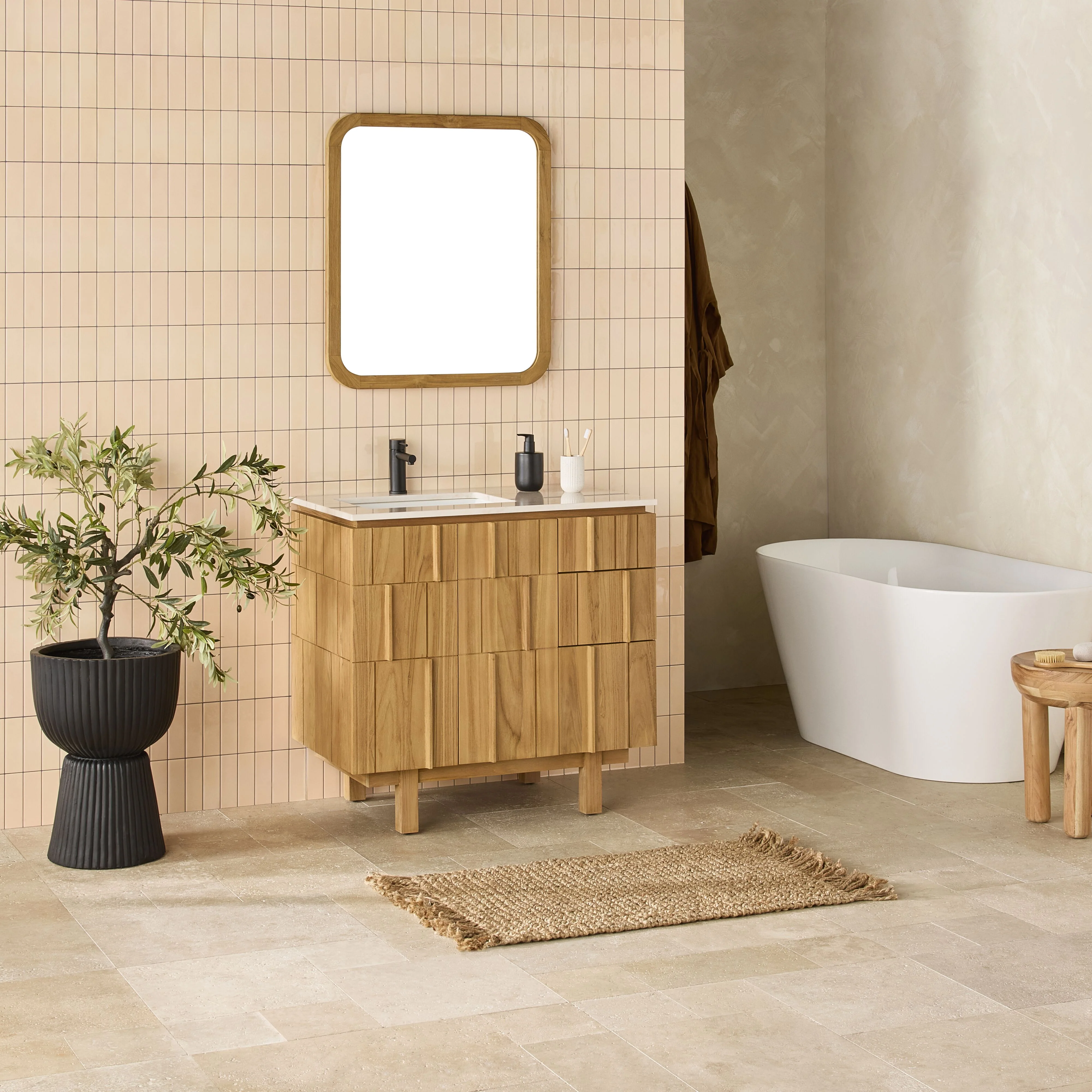 Asher Single Bathroom Vanity Teak with Stone Top 910mm Package - Image 9