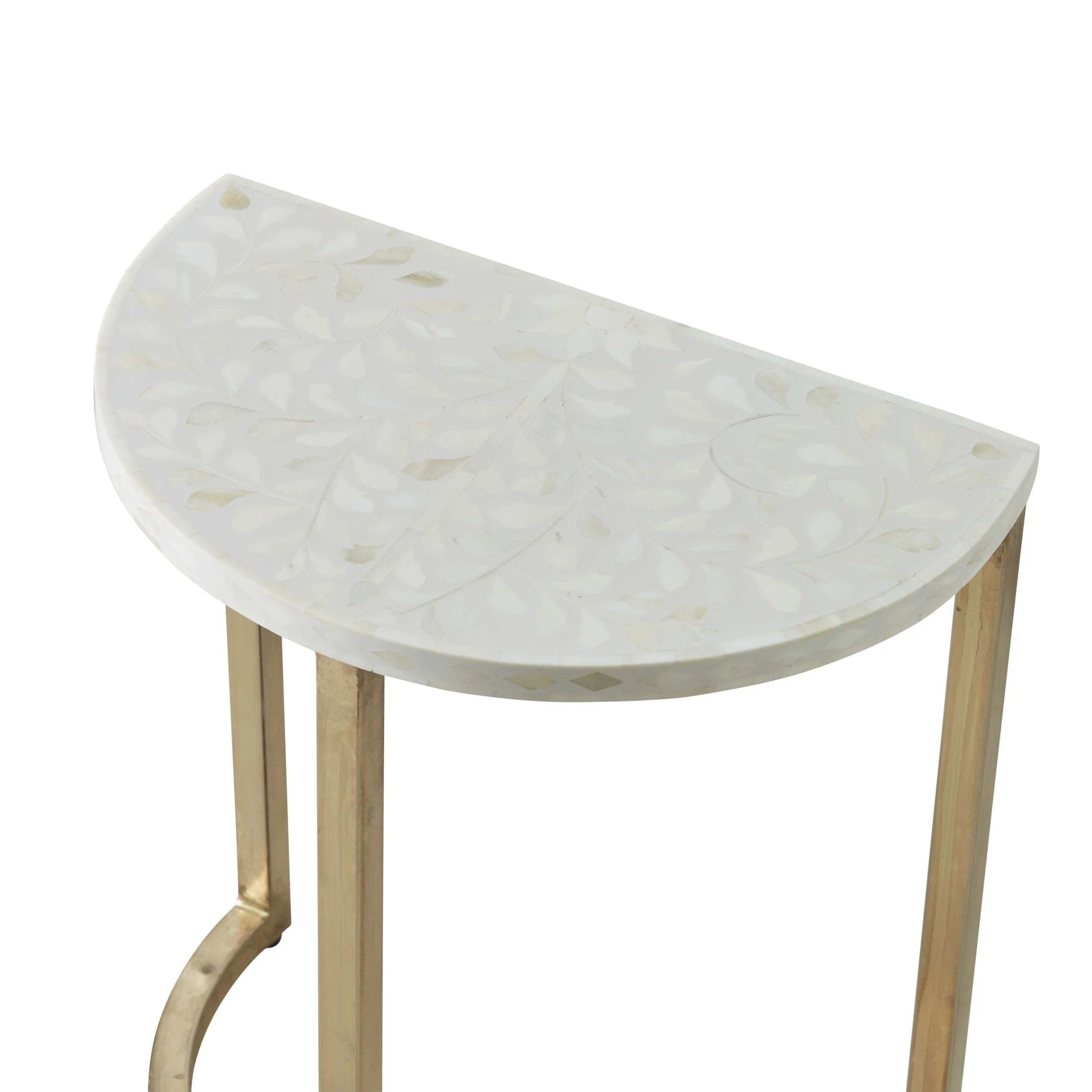 Bone Inlay Half Moon Side Table Beige with Gold Frame 44cm - Image 3