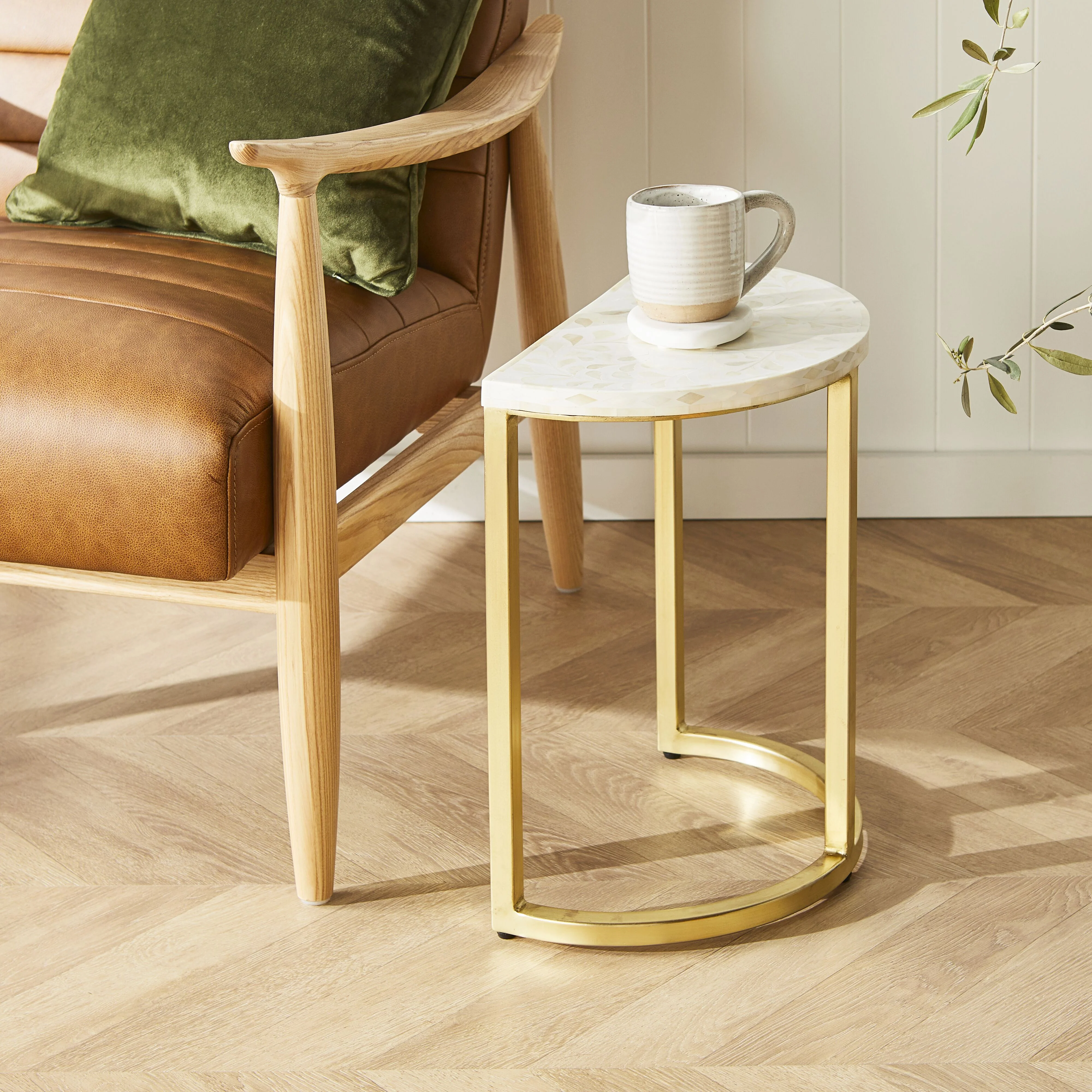 Bone Inlay Half Moon Side Table Beige with Gold Frame 44cm - Image 5