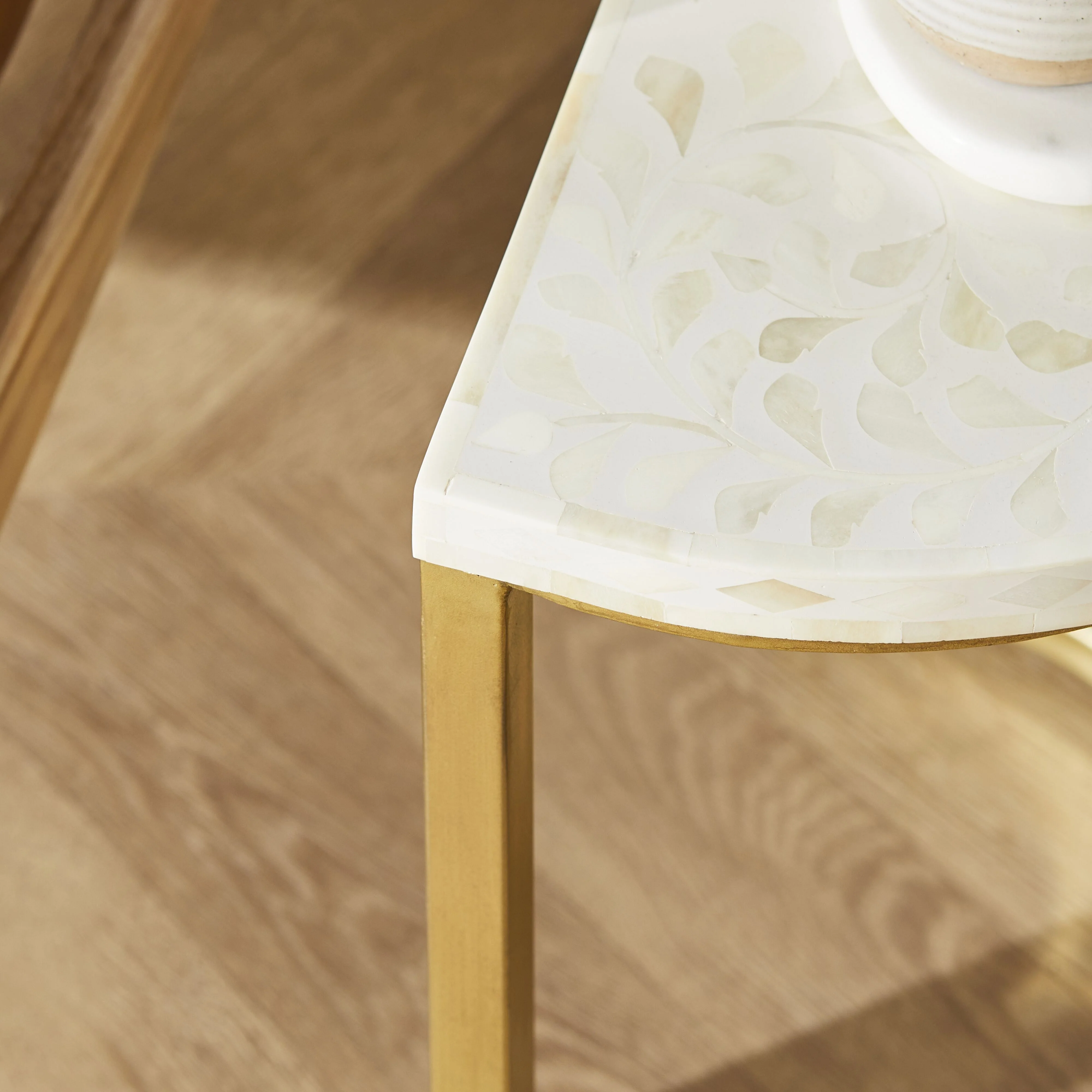 Bone Inlay Half Moon Side Table Beige with Gold Frame 44cm - Image 6