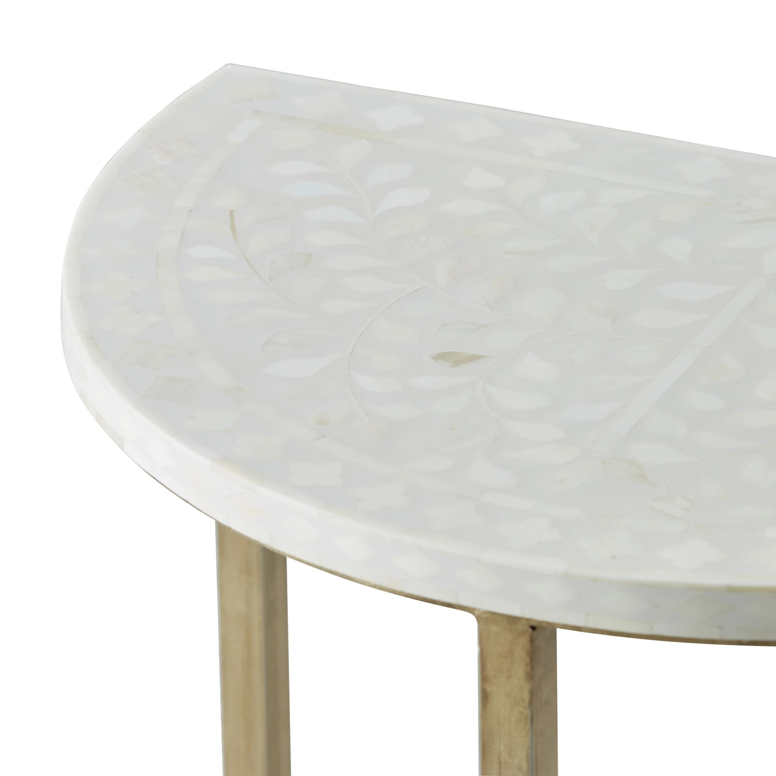 Bone Inlay Half Moon Side Table Beige with Gold Frame 53cm - Image 4