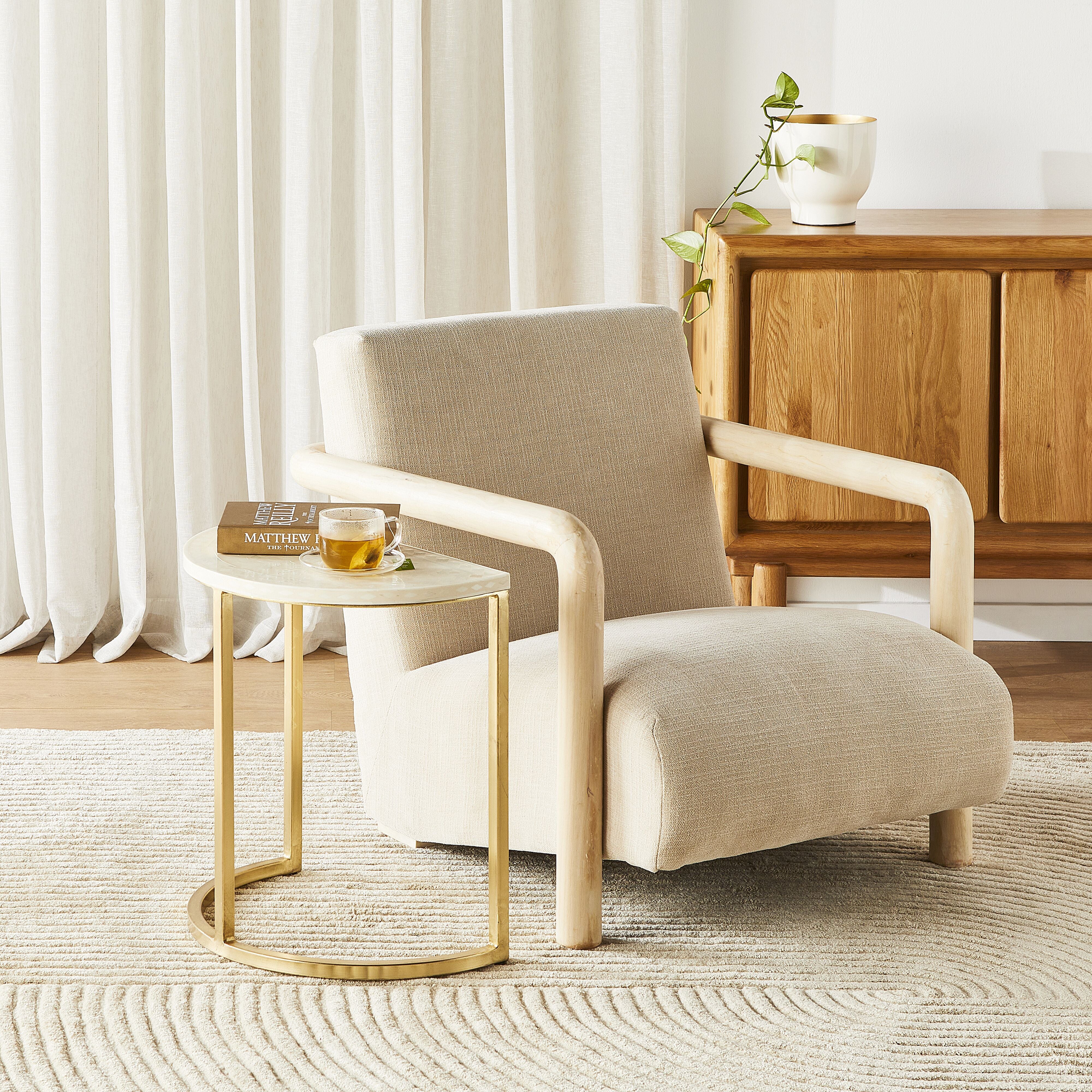 Bone Inlay Half Moon Side Table Beige with Gold Frame 53cm - Image 5