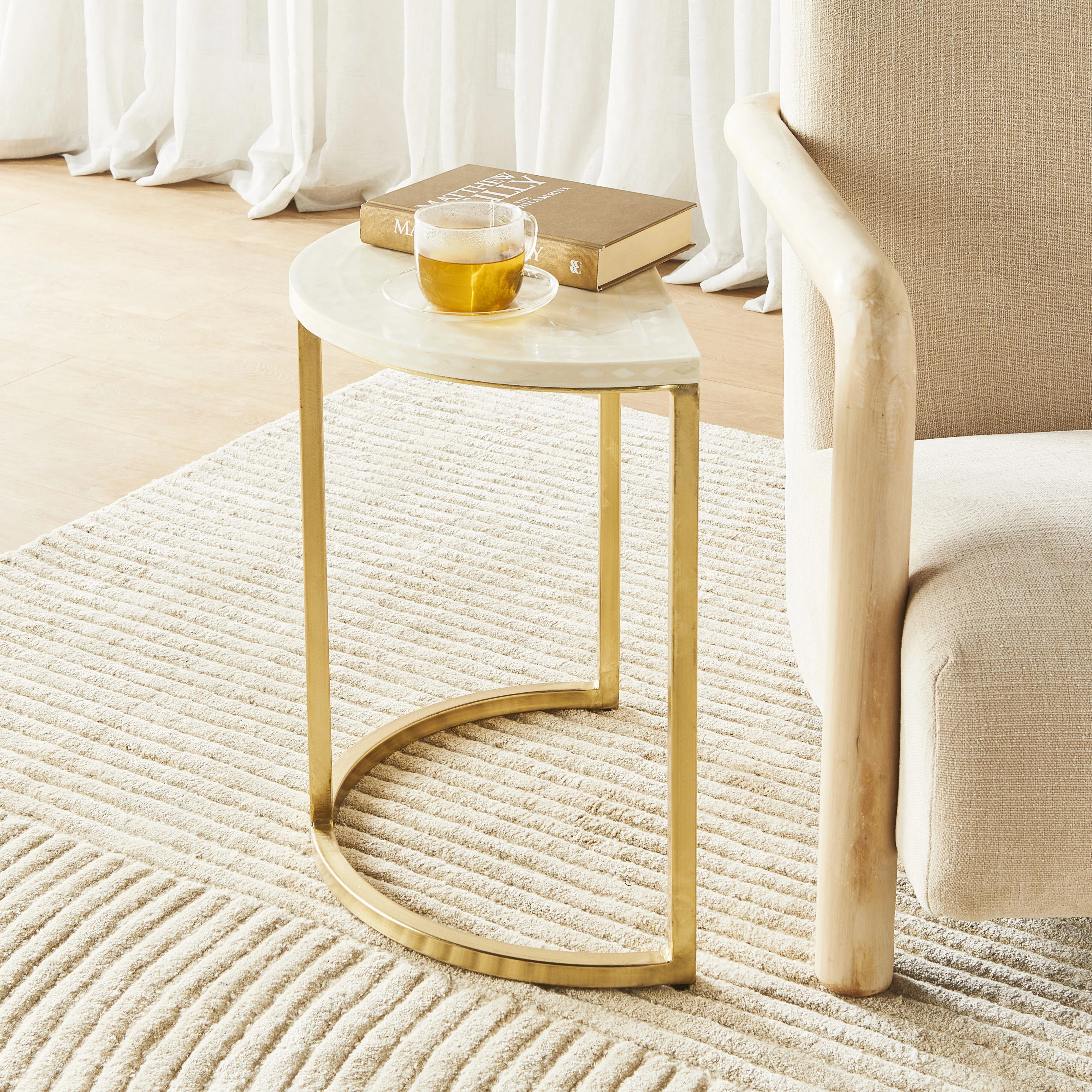 Bone Inlay Half Moon Side Table Beige with Gold Frame 53cm - Image 6