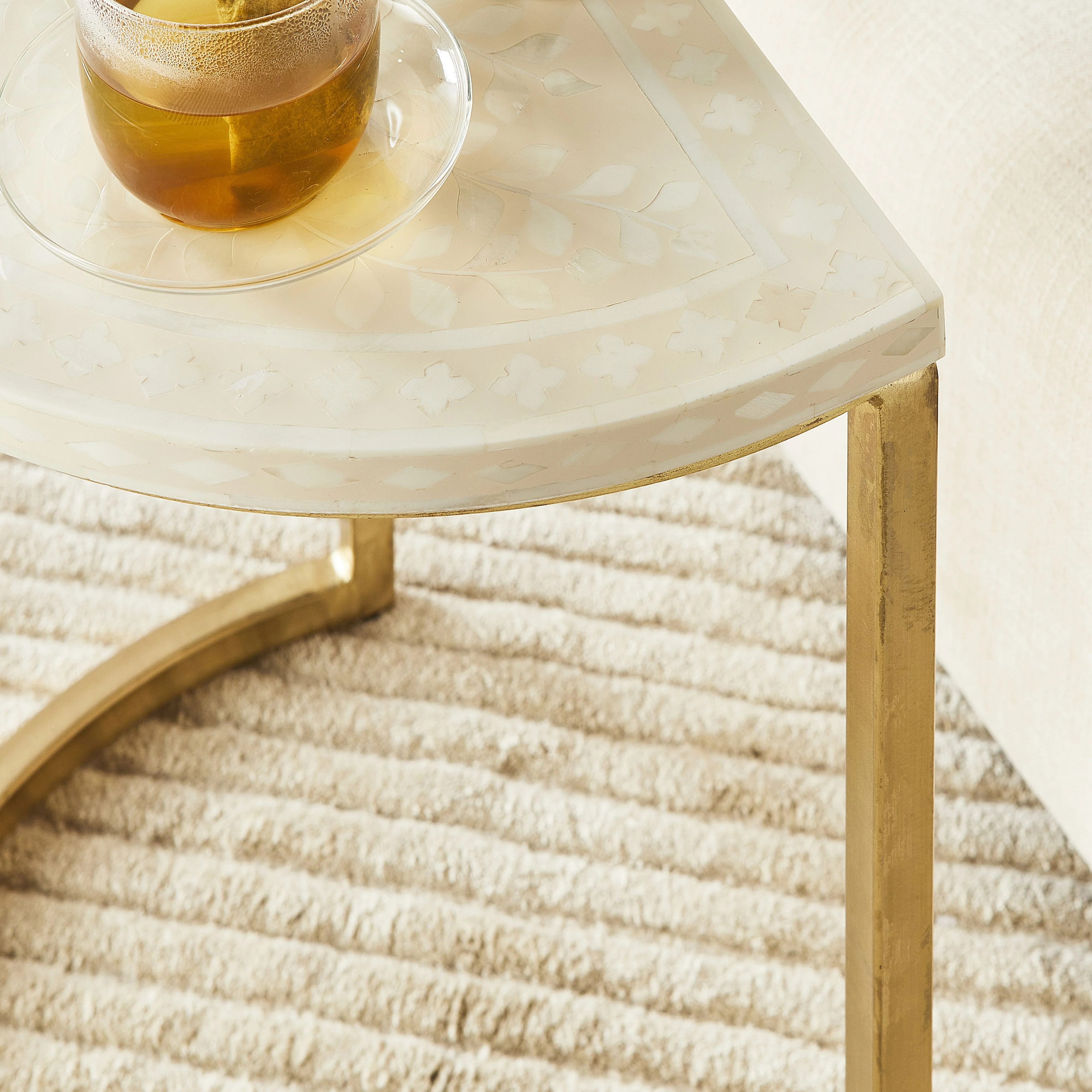 Bone Inlay Half Moon Side Table Beige with Gold Frame 53cm - Image 7