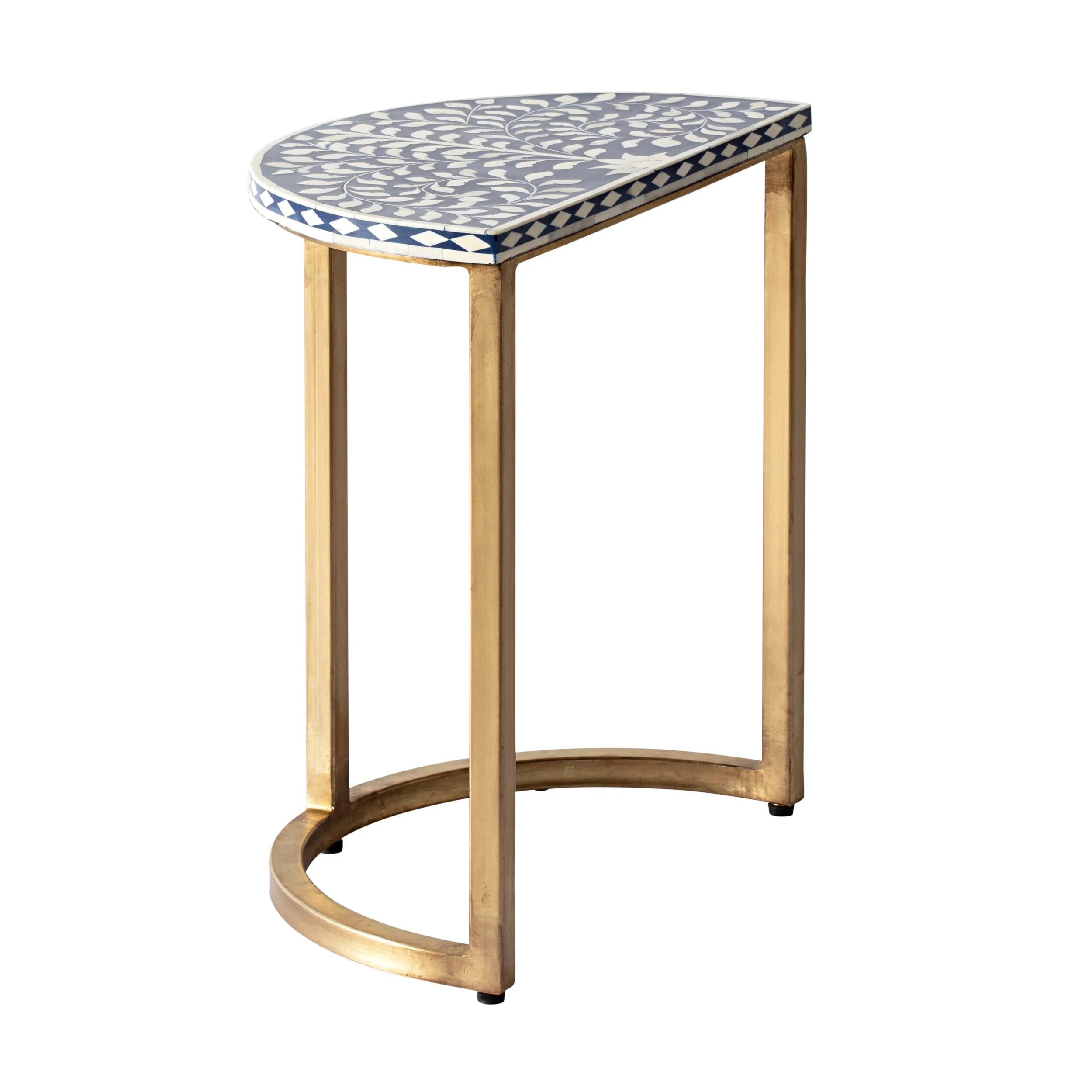 Bone Inlay Half Moon Side Table Blue with Gold Frame 44cm - Image 2