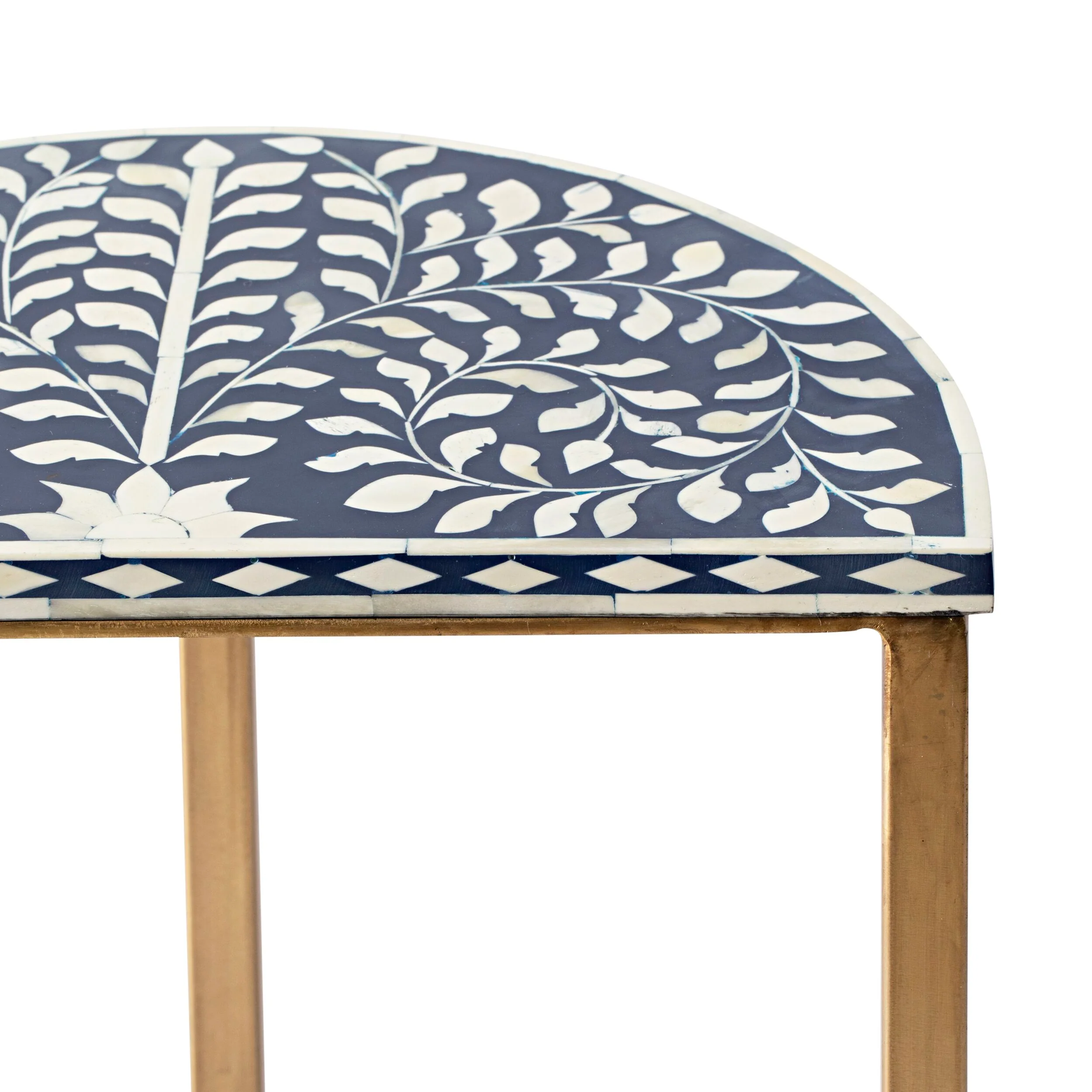 Bone Inlay Half Moon Side Table Blue with Gold Frame 44cm - Image 3