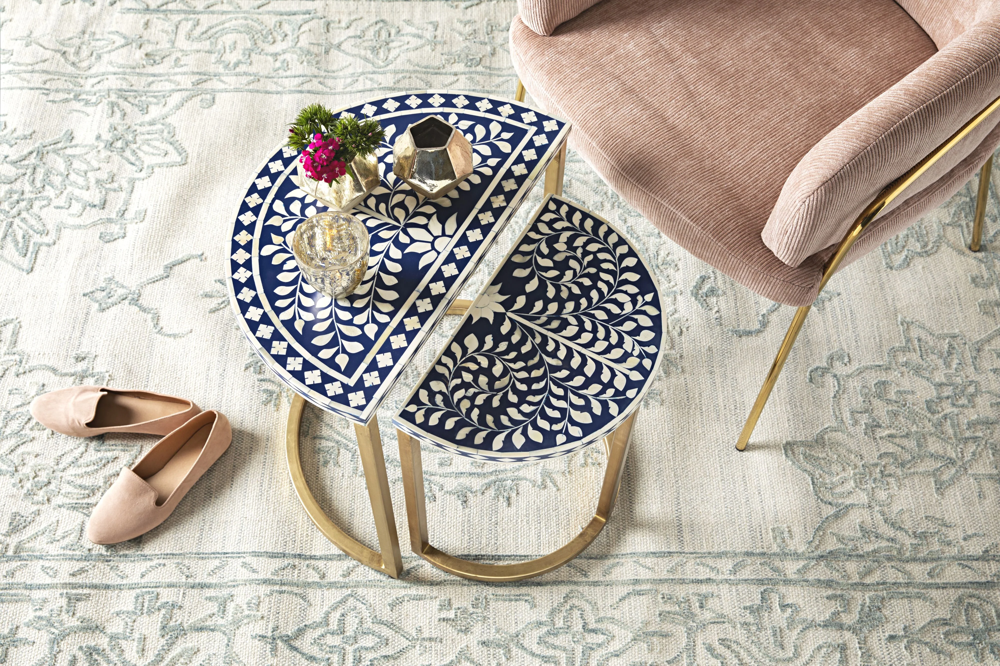 Bone Inlay Half Moon Side Table Blue with Gold Frame 44cm - Image 6
