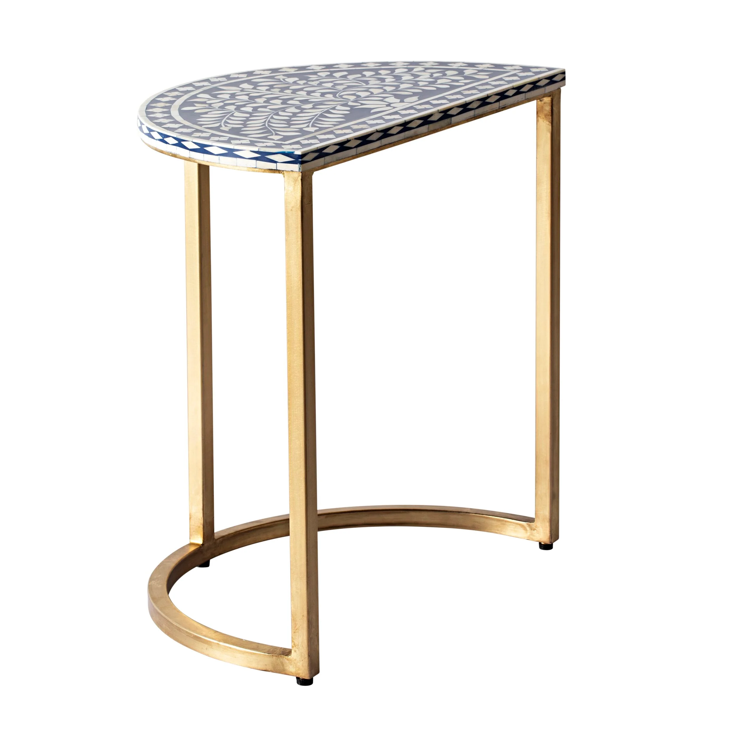 Bone Inlay Half Moon Side Table Blue with Gold Frame 53cm - Image 2