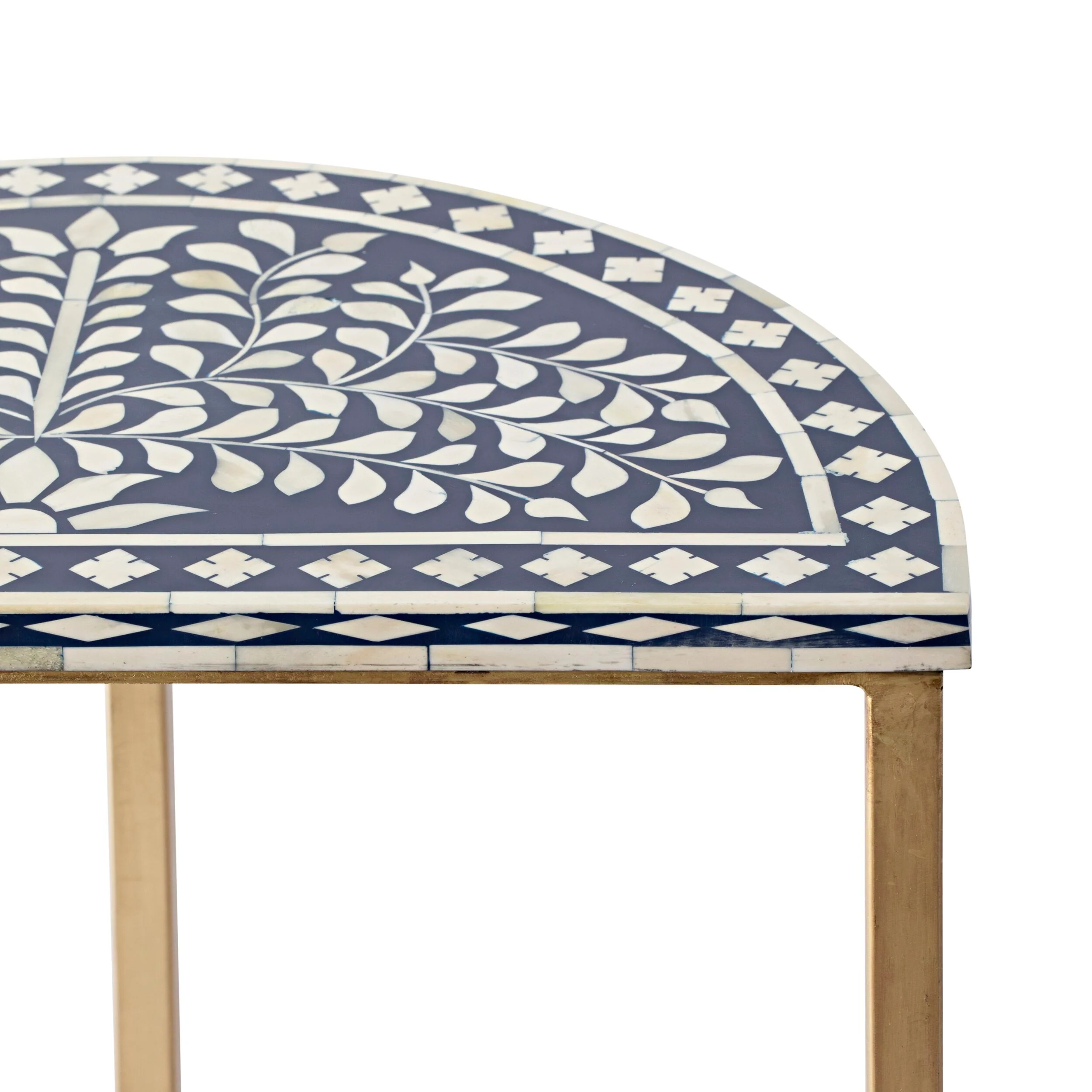 Bone Inlay Half Moon Side Table Blue with Gold Frame 53cm - Image 3