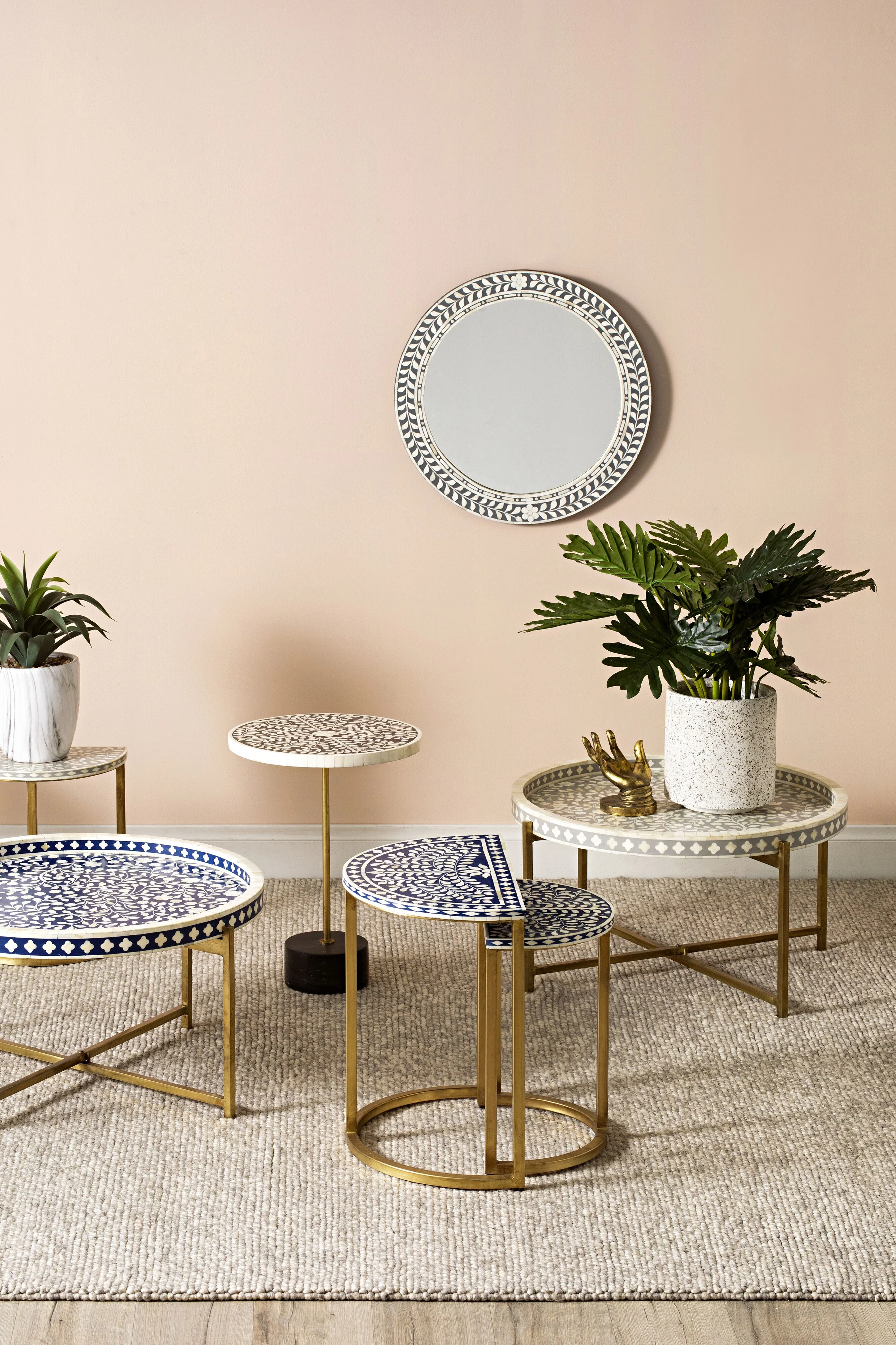 Bone Inlay Half Moon Side Table Blue with Gold Frame 53cm - Image 6