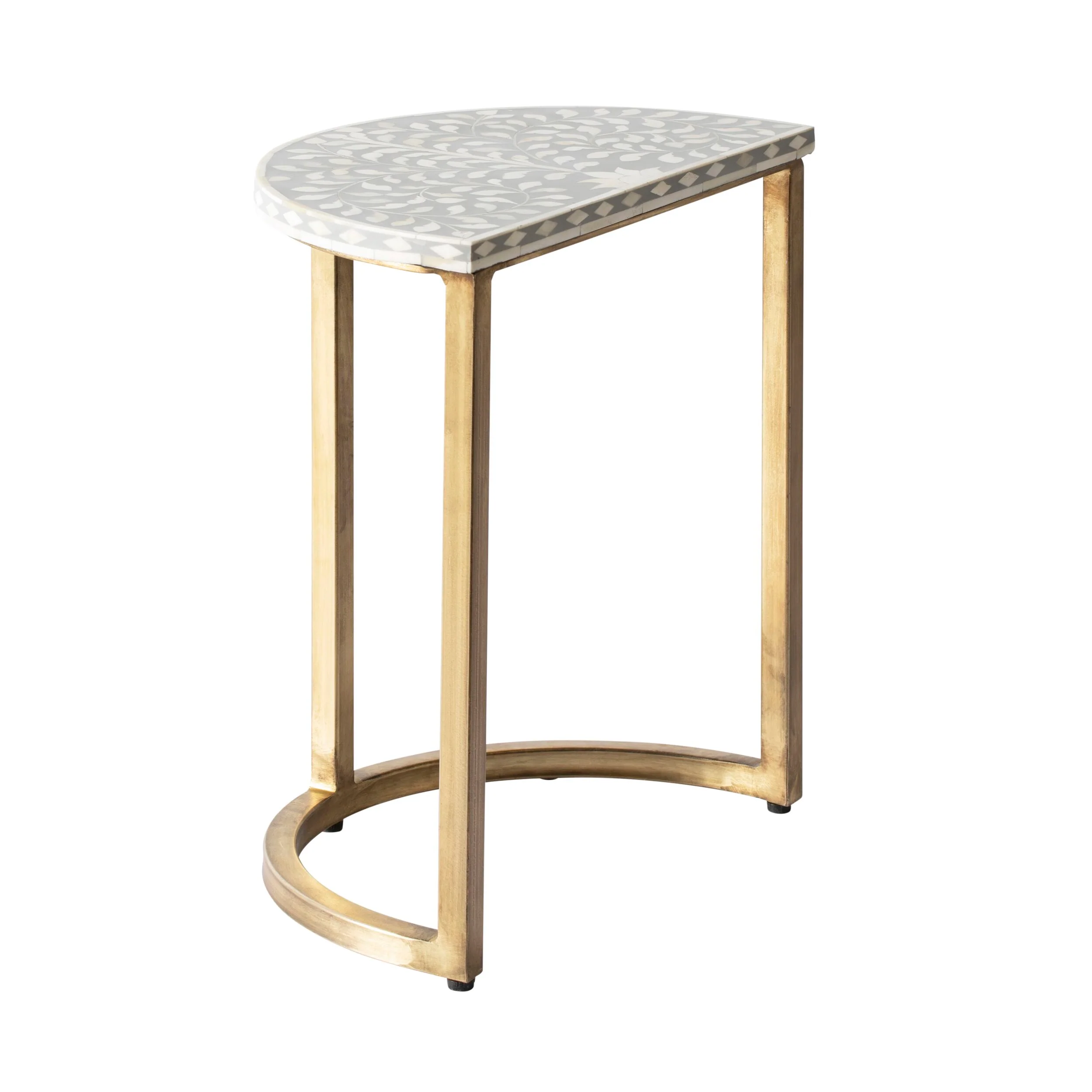 Bone Inlay Half Moon Side Table Grey with Gold Frame 44cm - Image 2