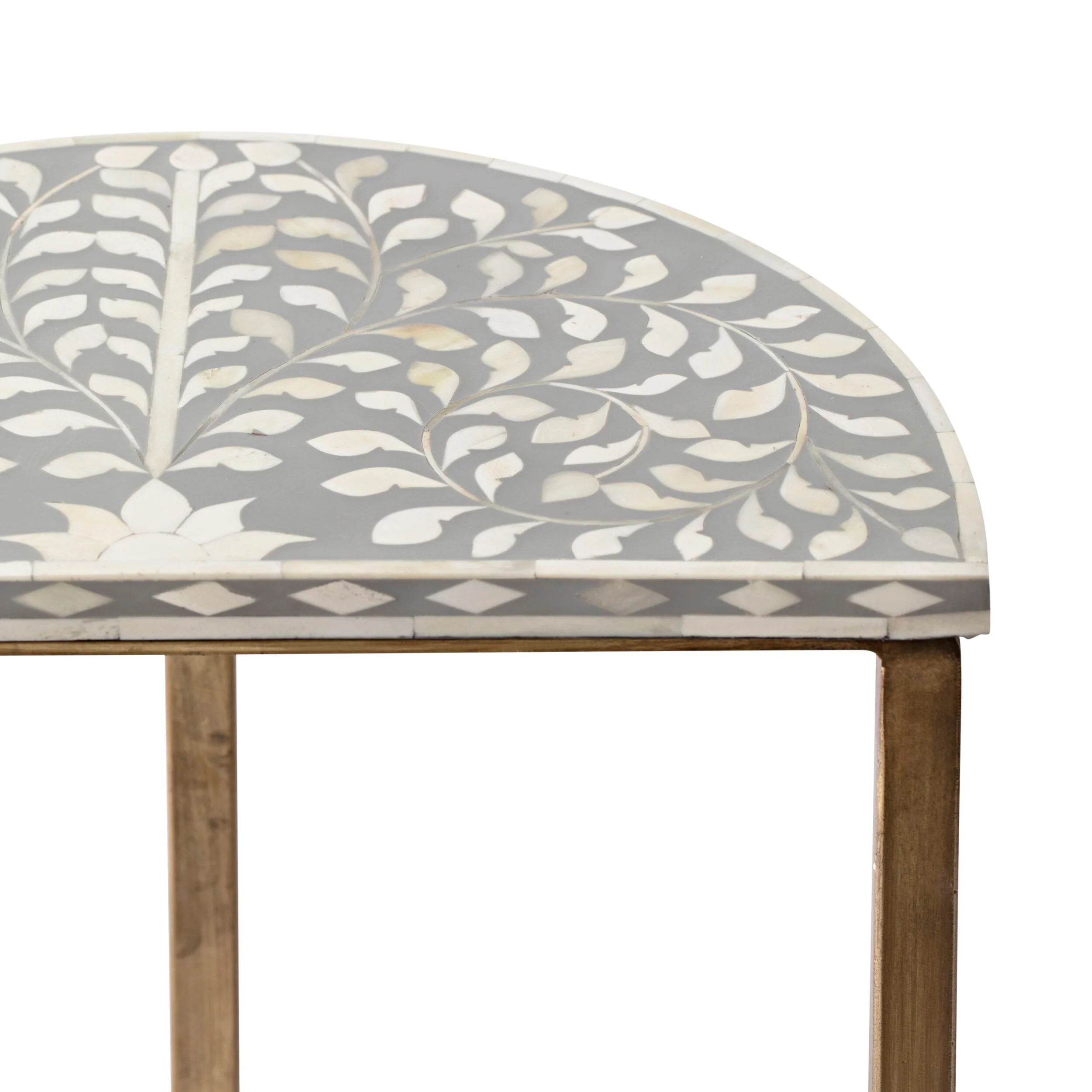 Bone Inlay Half Moon Side Table Grey with Gold Frame 44cm - Image 3