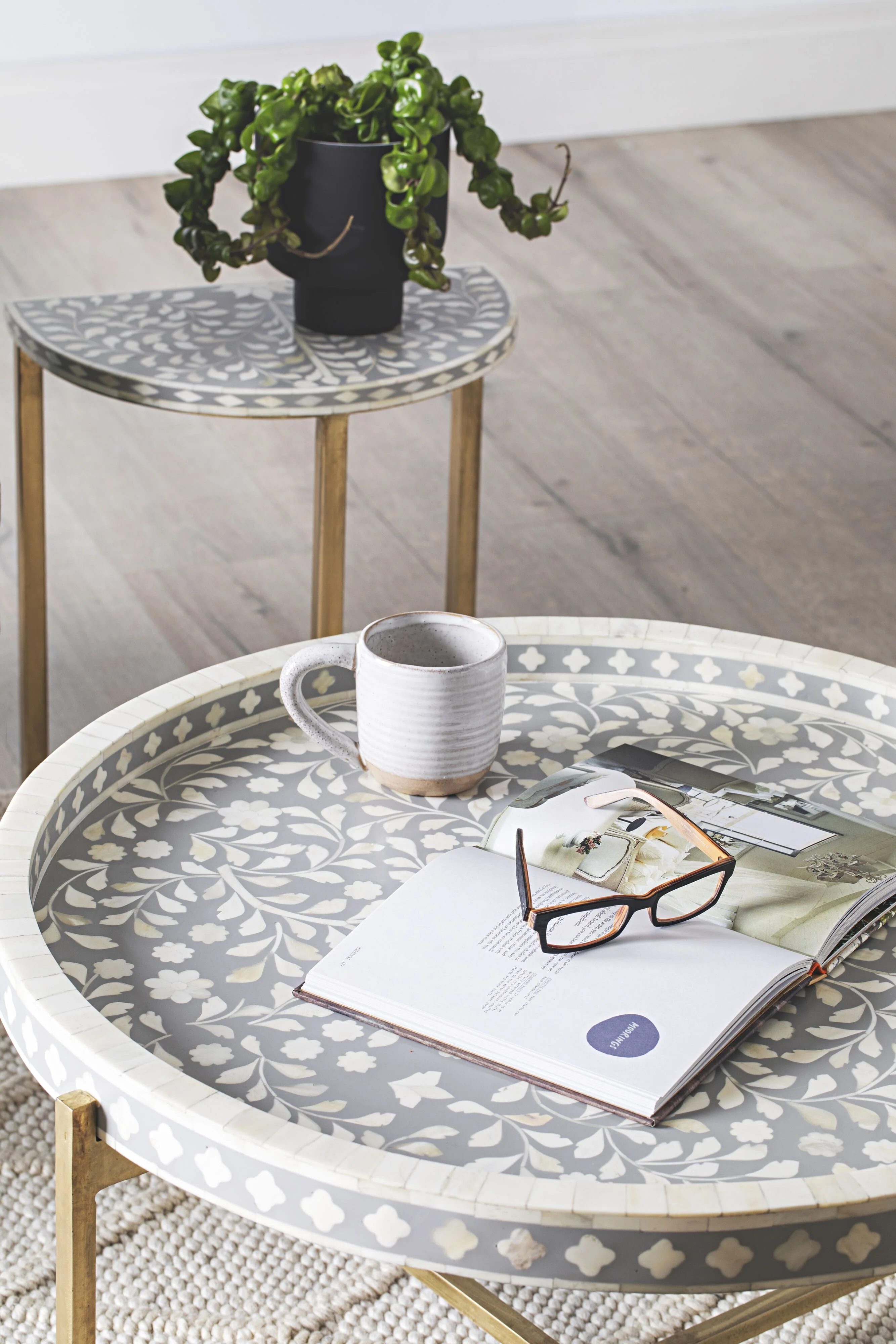 Bone Inlay Half Moon Side Table Grey with Gold Frame 44cm - Image 7