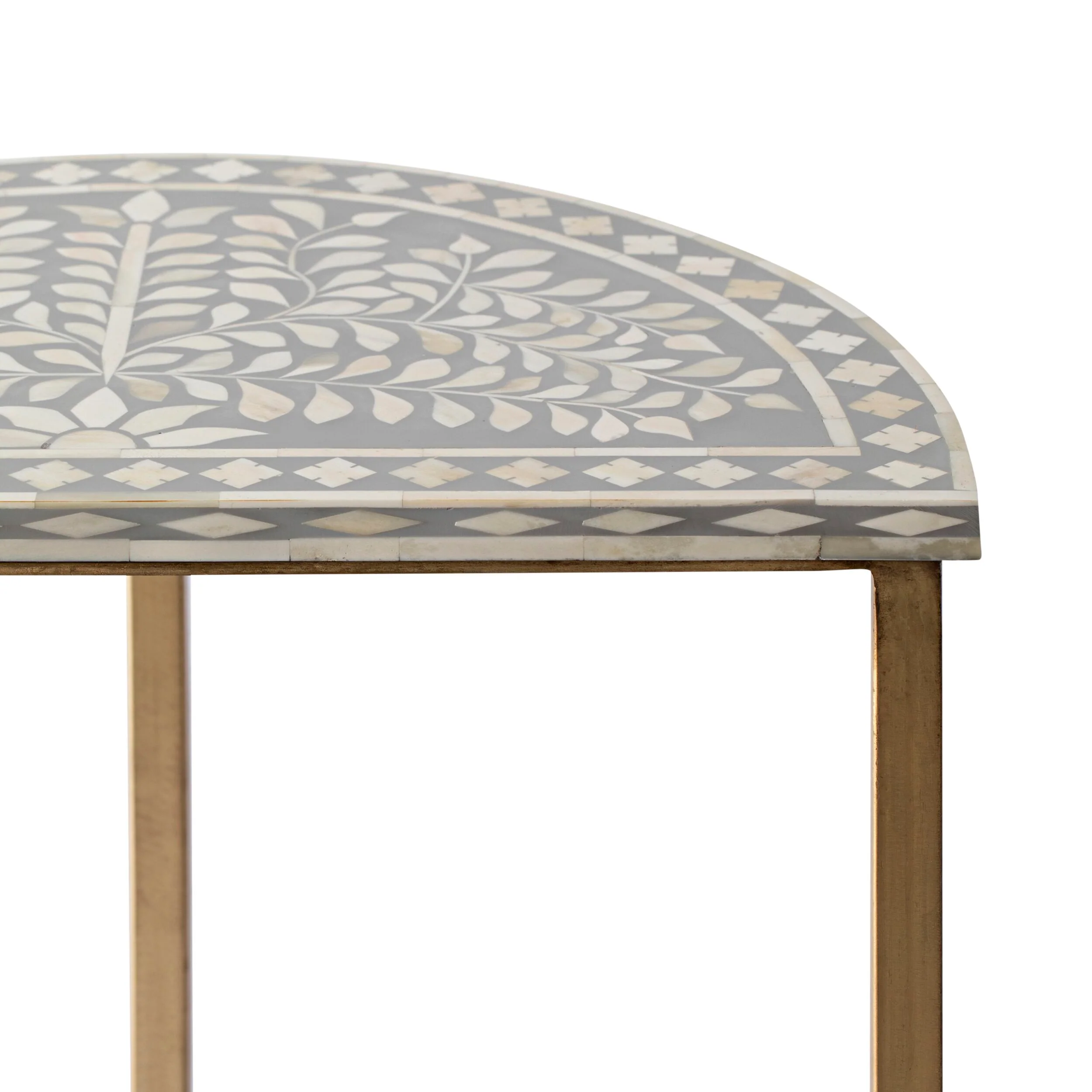 Bone Inlay Half Moon Side Table Grey with Gold Frame 53cm - Image 3