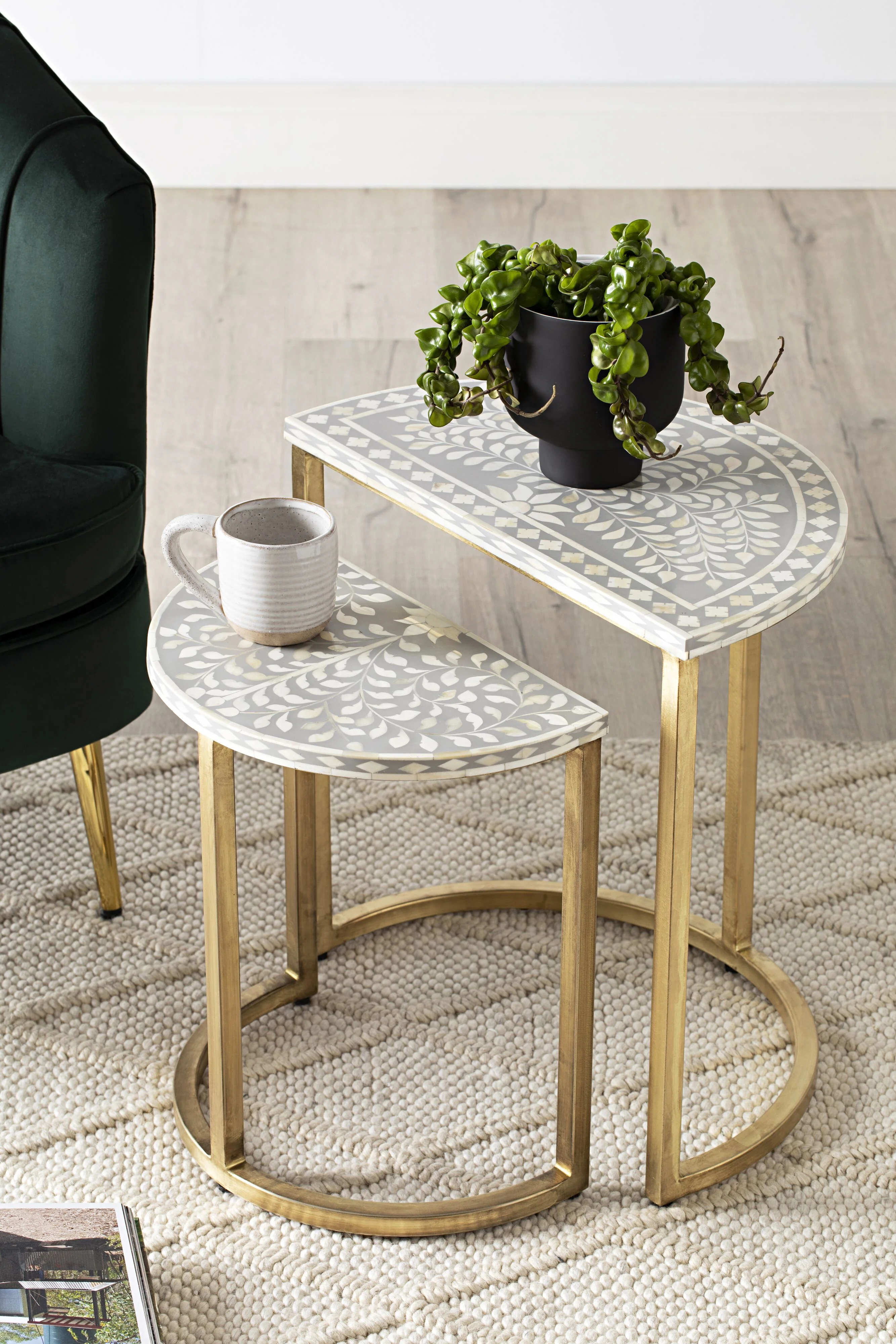 Bone Inlay Half Moon Side Table Grey with Gold Frame 53cm - Image 7