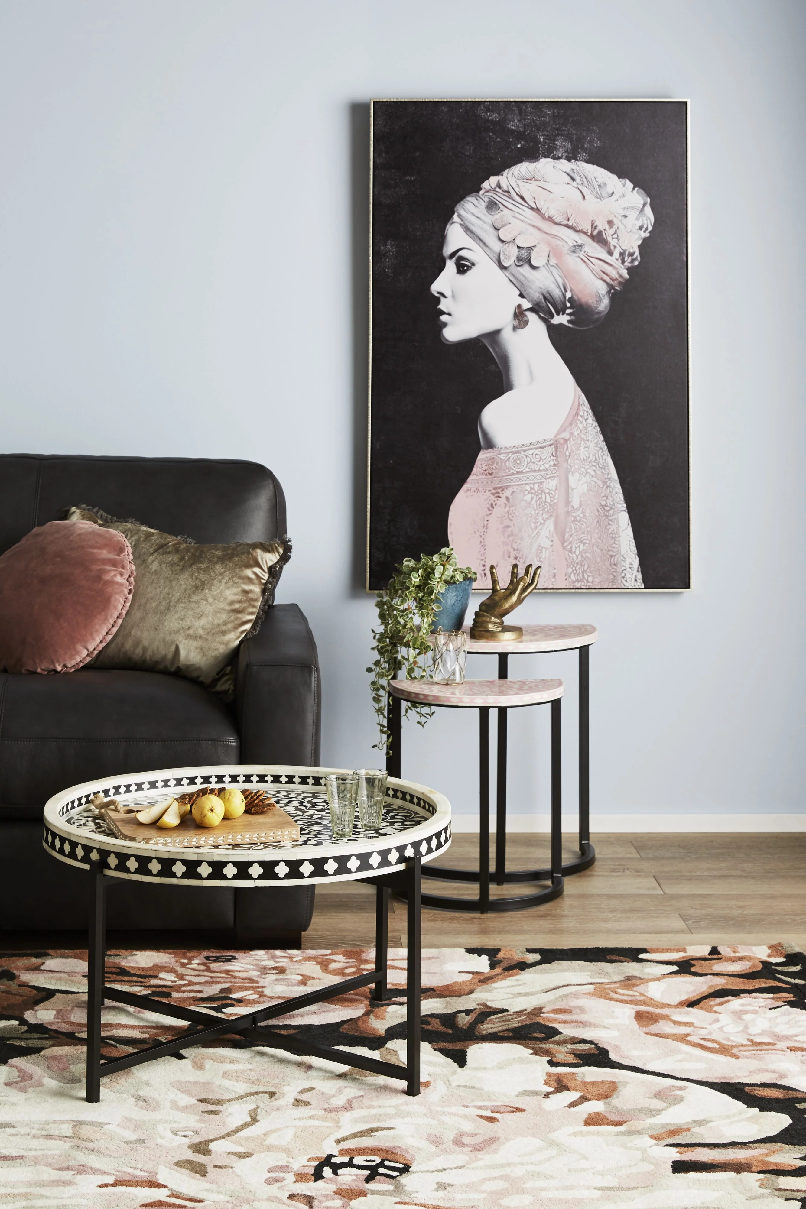 Bone Inlay Round Coffee Table Black with Black Frame 75cm - Image 10