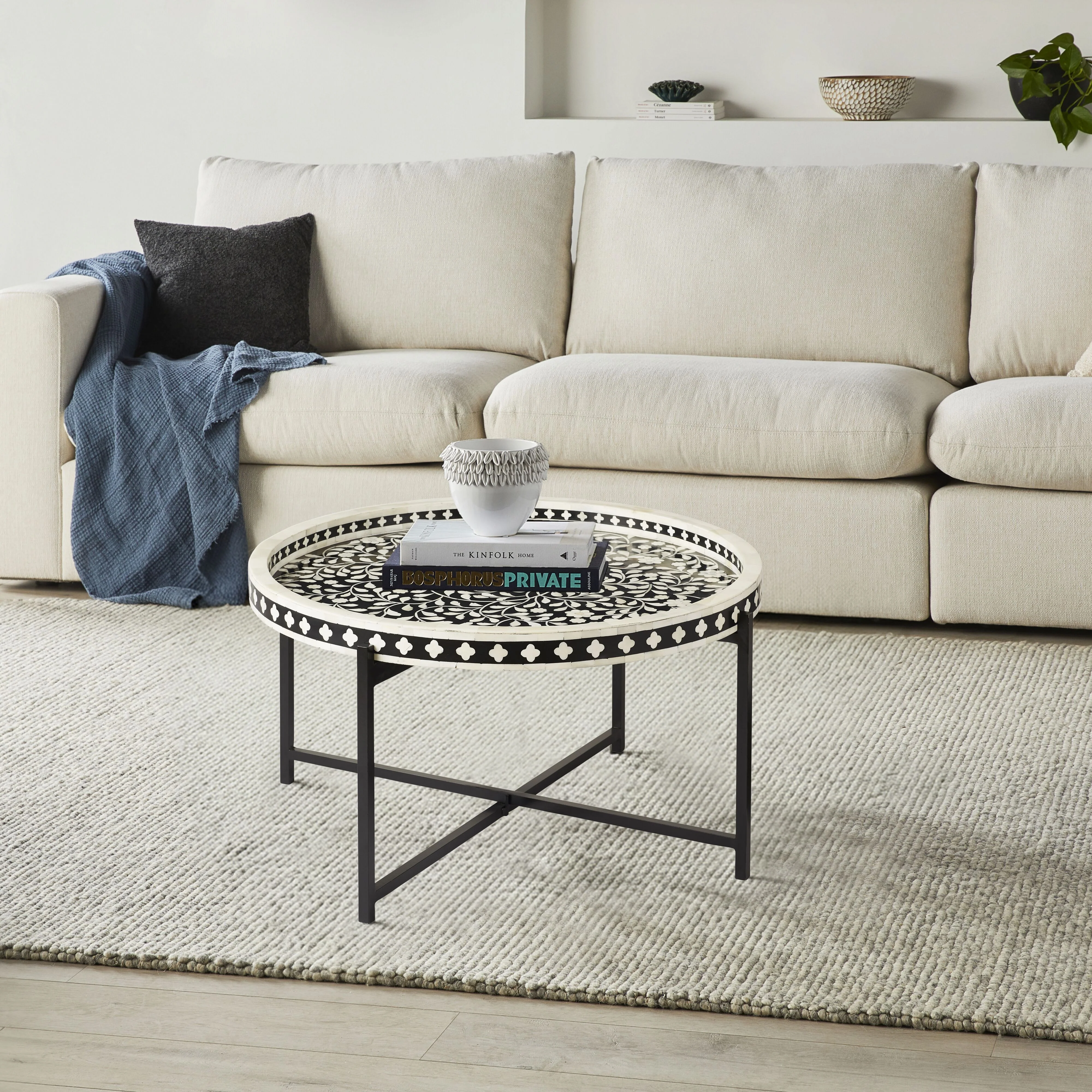Bone Inlay Round Coffee Table Black with Black Frame 75cm - Image 11