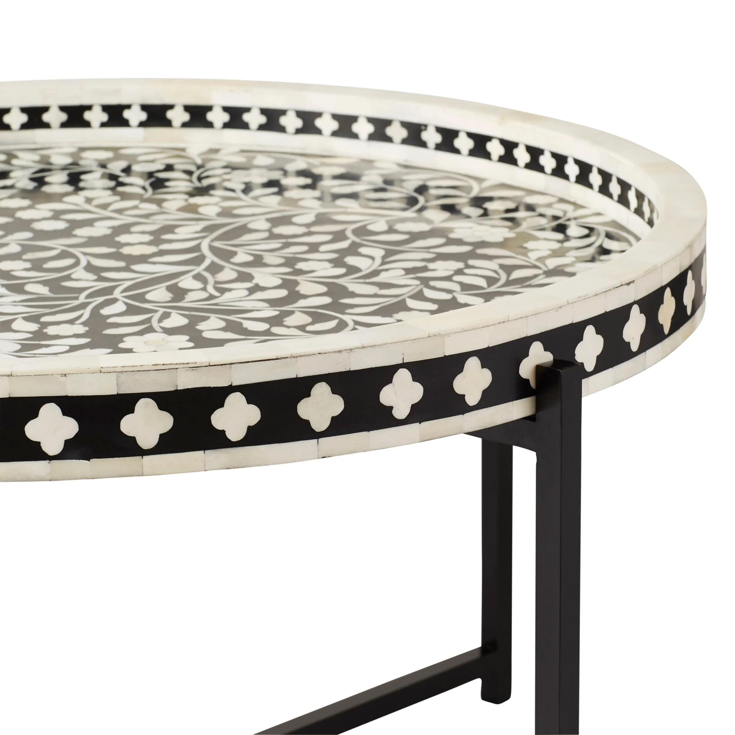 Bone Inlay Round Coffee Table Black with Black Frame 75cm - Image 3