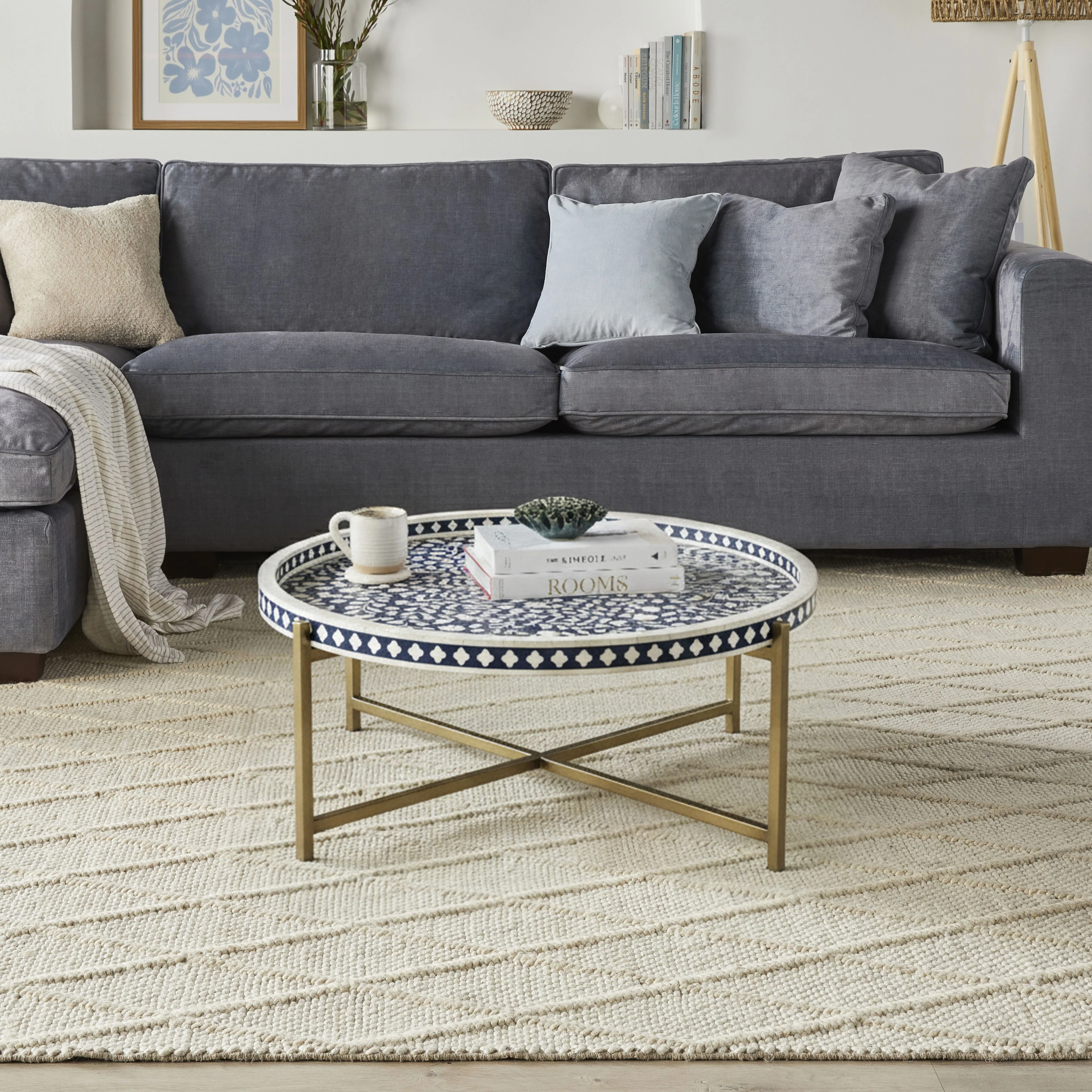Bone Inlay Round Coffee Table Blue with Gold Frame 75cm - Image 11