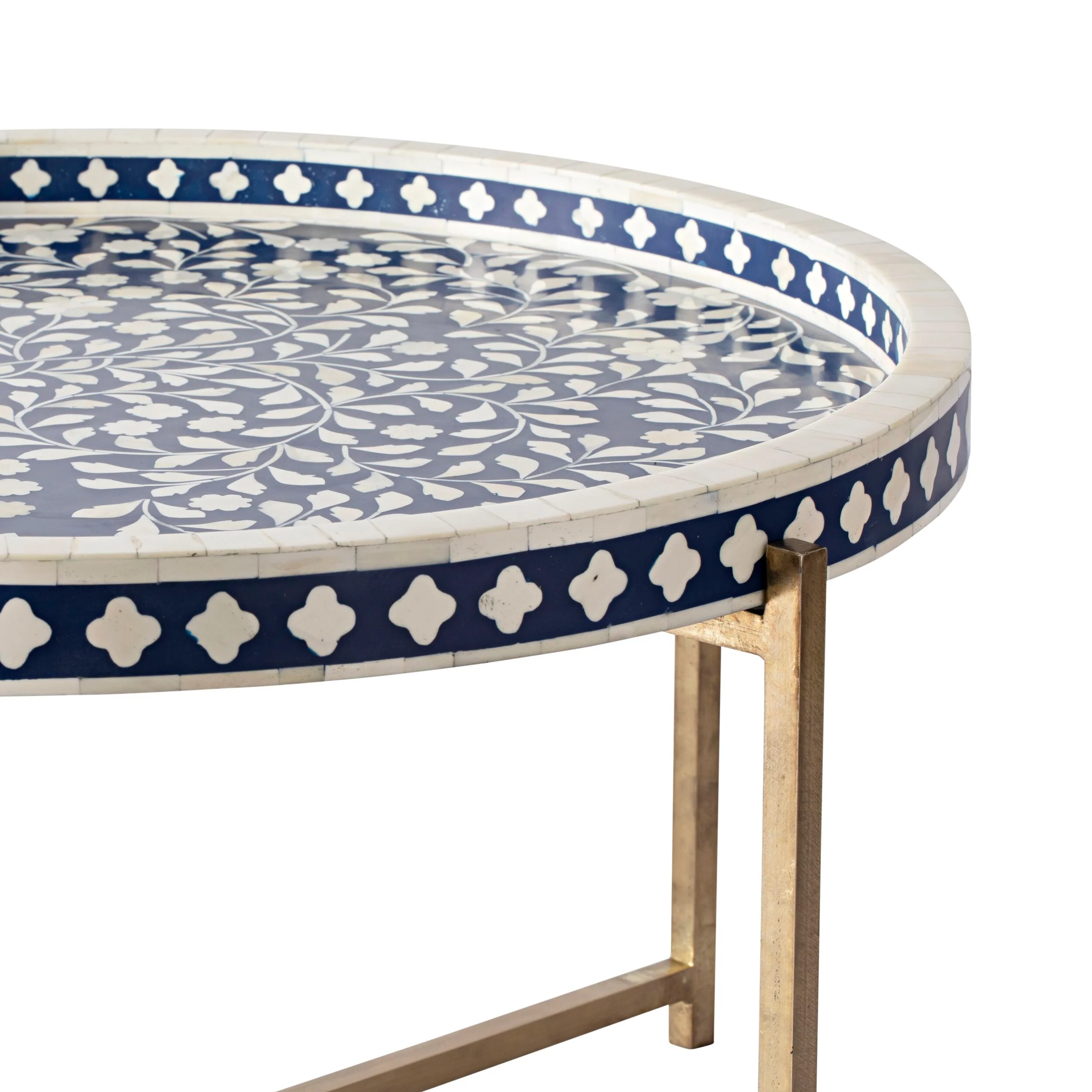 Bone Inlay Round Coffee Table Blue with Gold Frame 75cm - Image 3