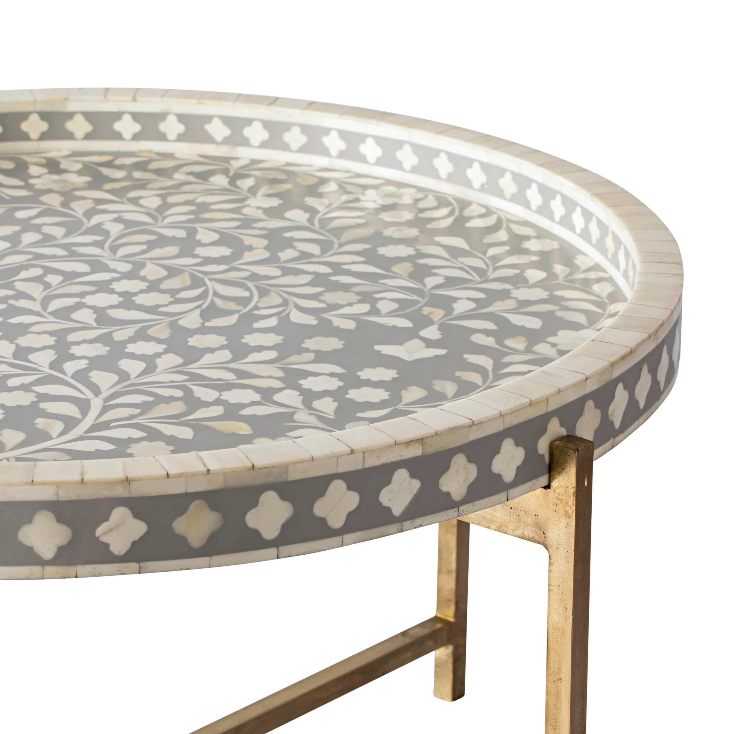 Bone Inlay Round Coffee Table Grey with Gold Frame 75cm - Image 3