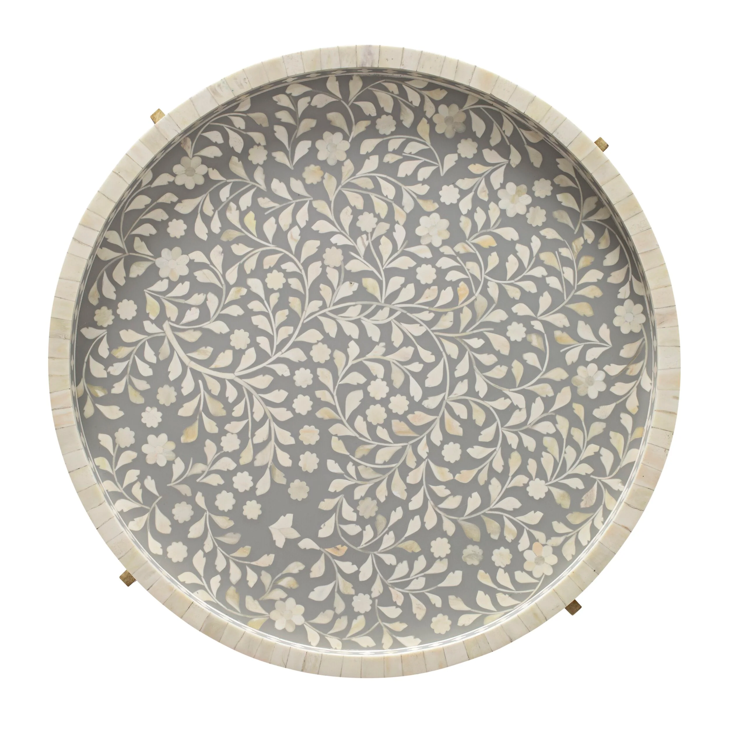 Bone Inlay Round Coffee Table Grey with Gold Frame 75cm - Image 4