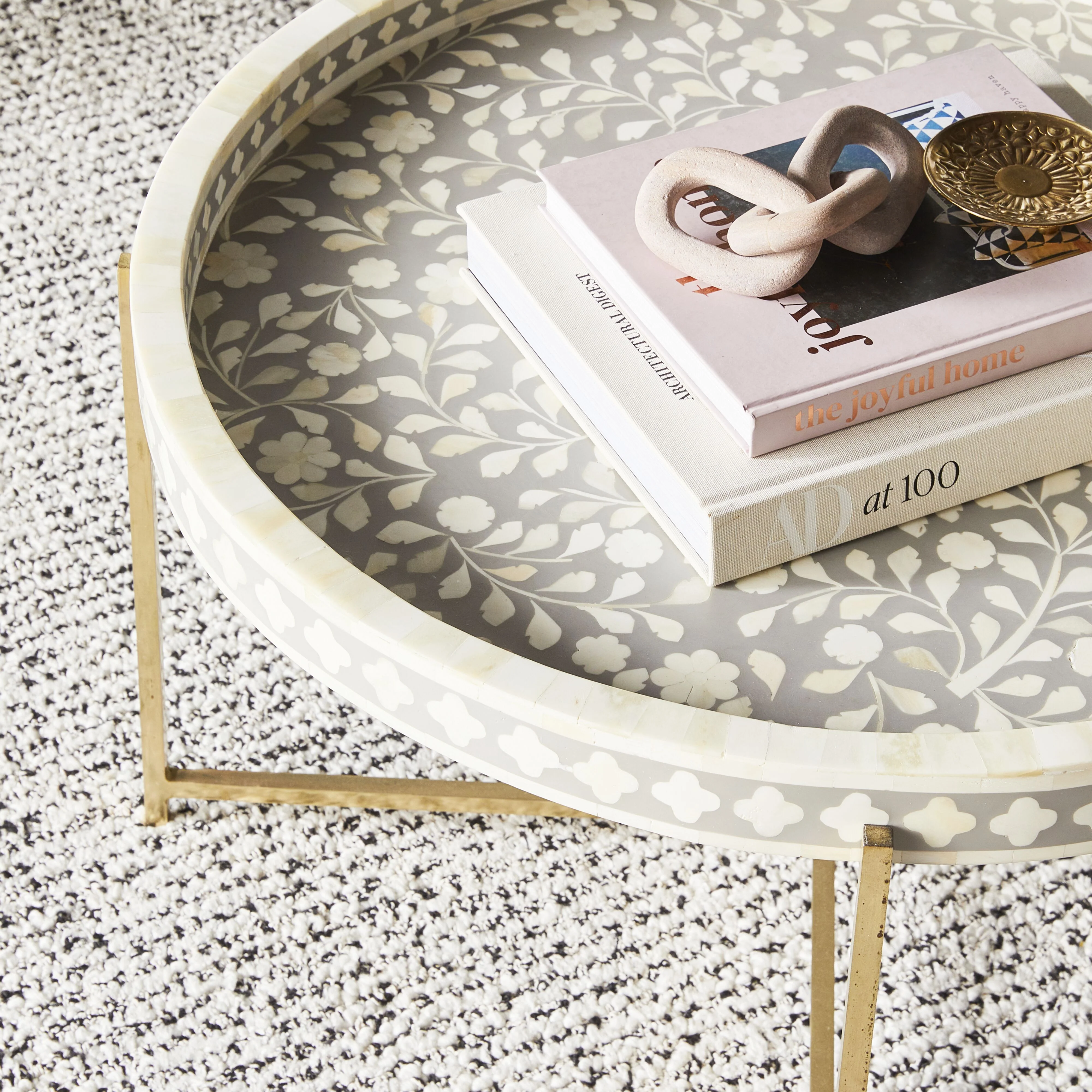 Bone Inlay Round Coffee Table Grey with Gold Frame 75cm - Image 6