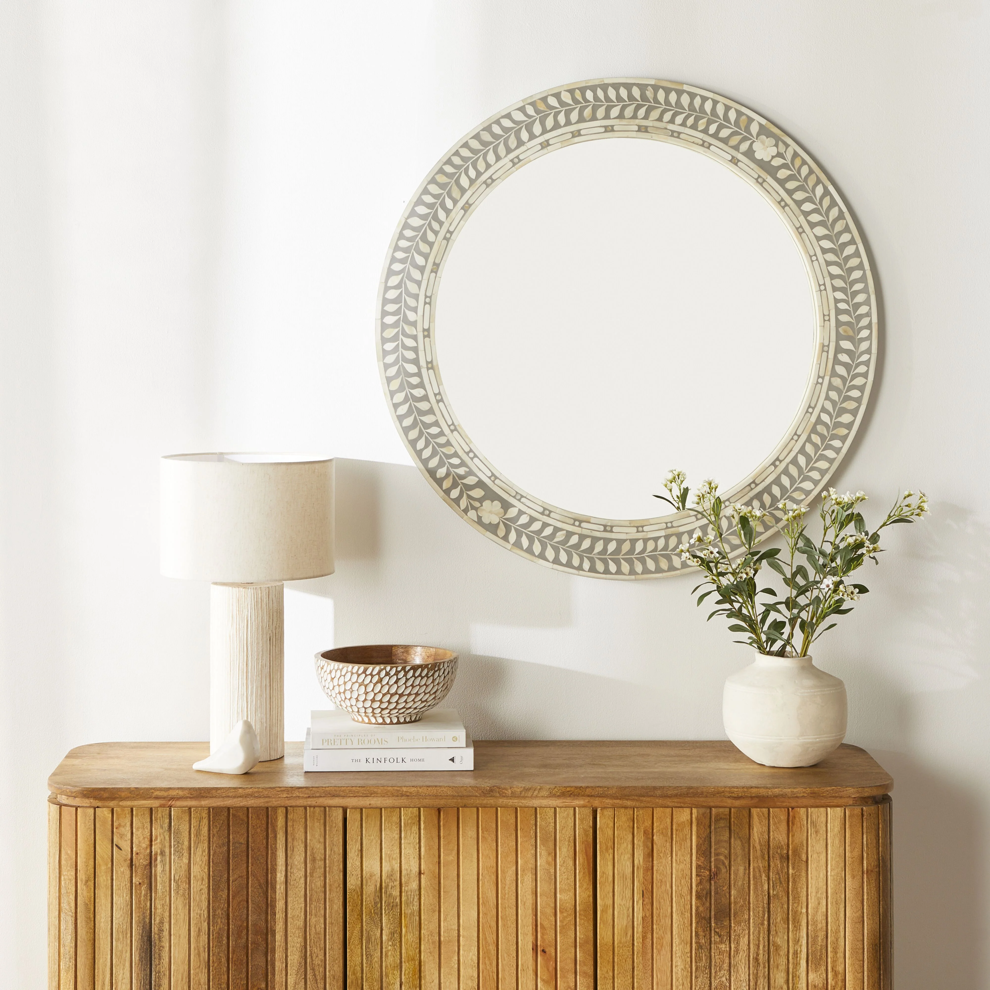 Bone Inlay Round Mirror Grey and White 90cm - Image 6