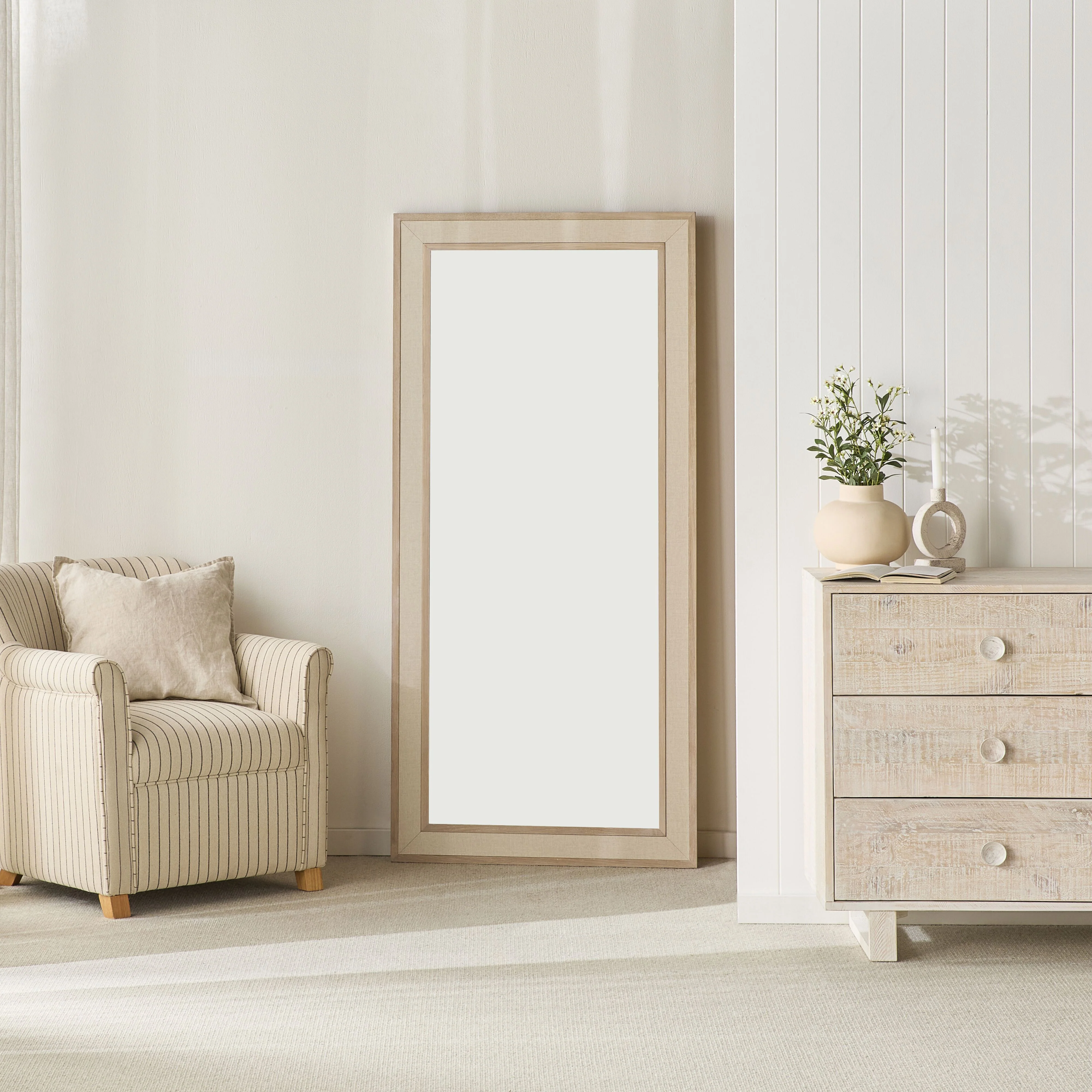 Cannes White Washed Oak & Linen Insert Floor Mirror 170x80cm - Image 5