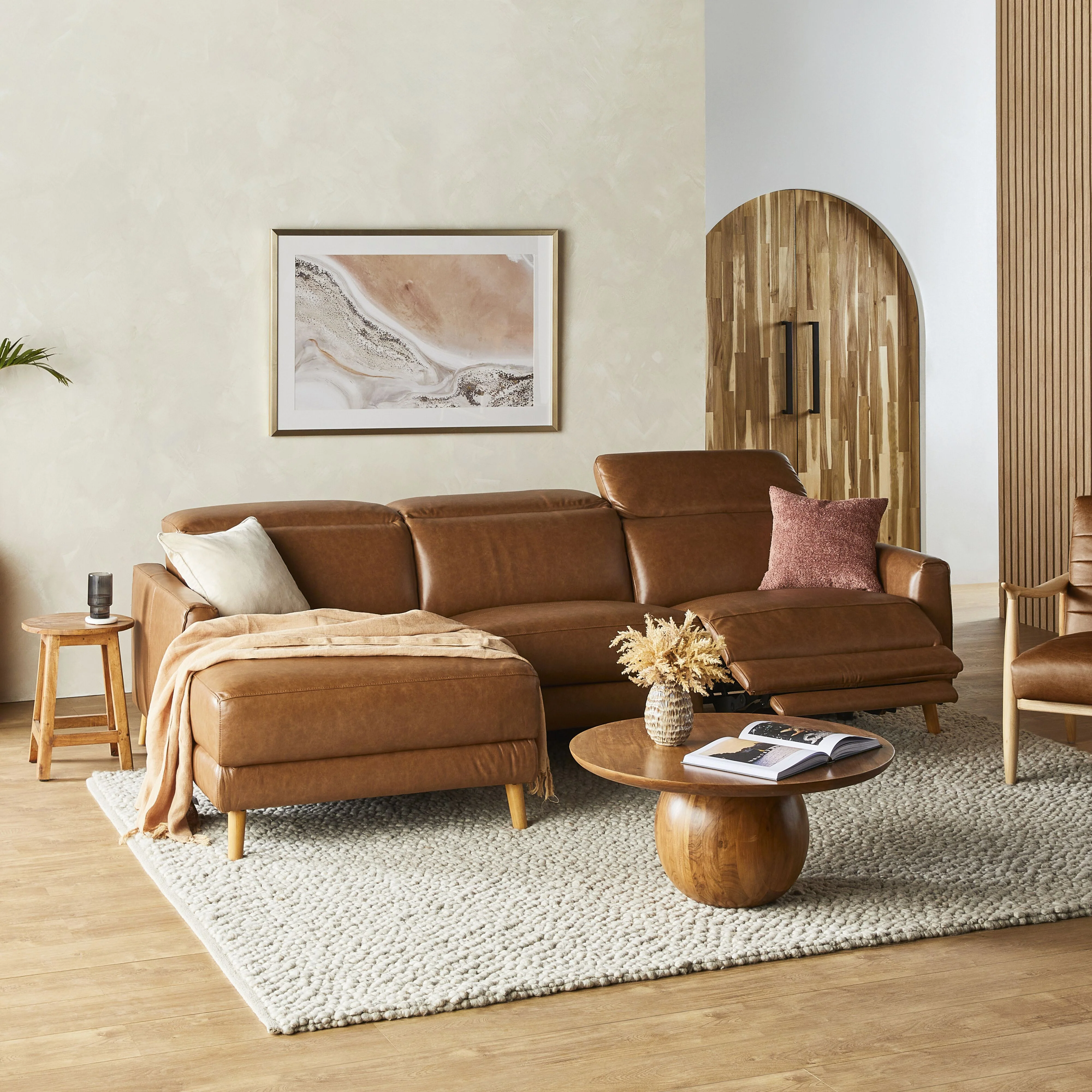 Dunaway 3 Seater Leather Recliner Chaise Sofa Dakota Vintage Saddle - Image 12
