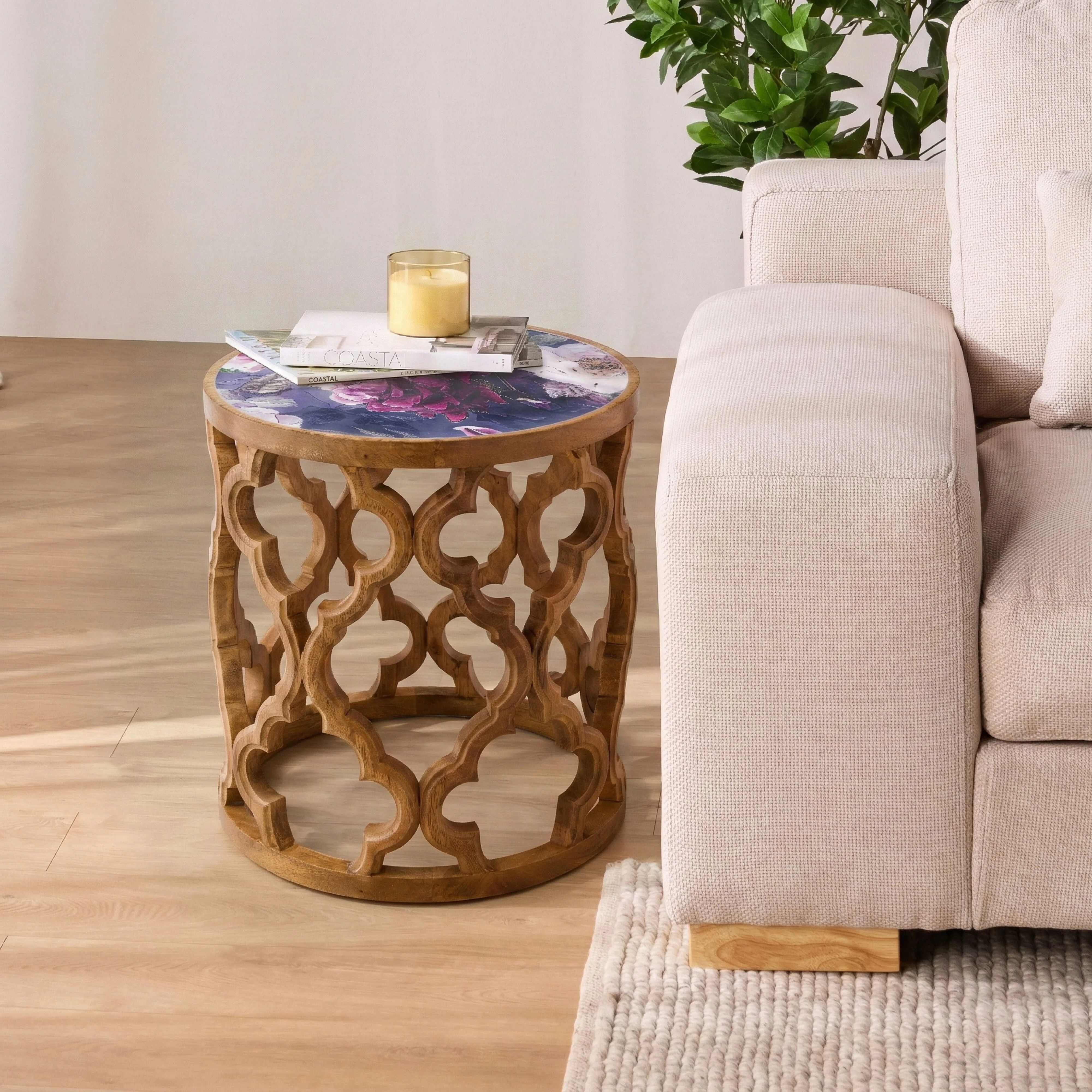 Eco Sole Peony Flower Carved Round Side Table Large 45.7x48.2cm - Image 5