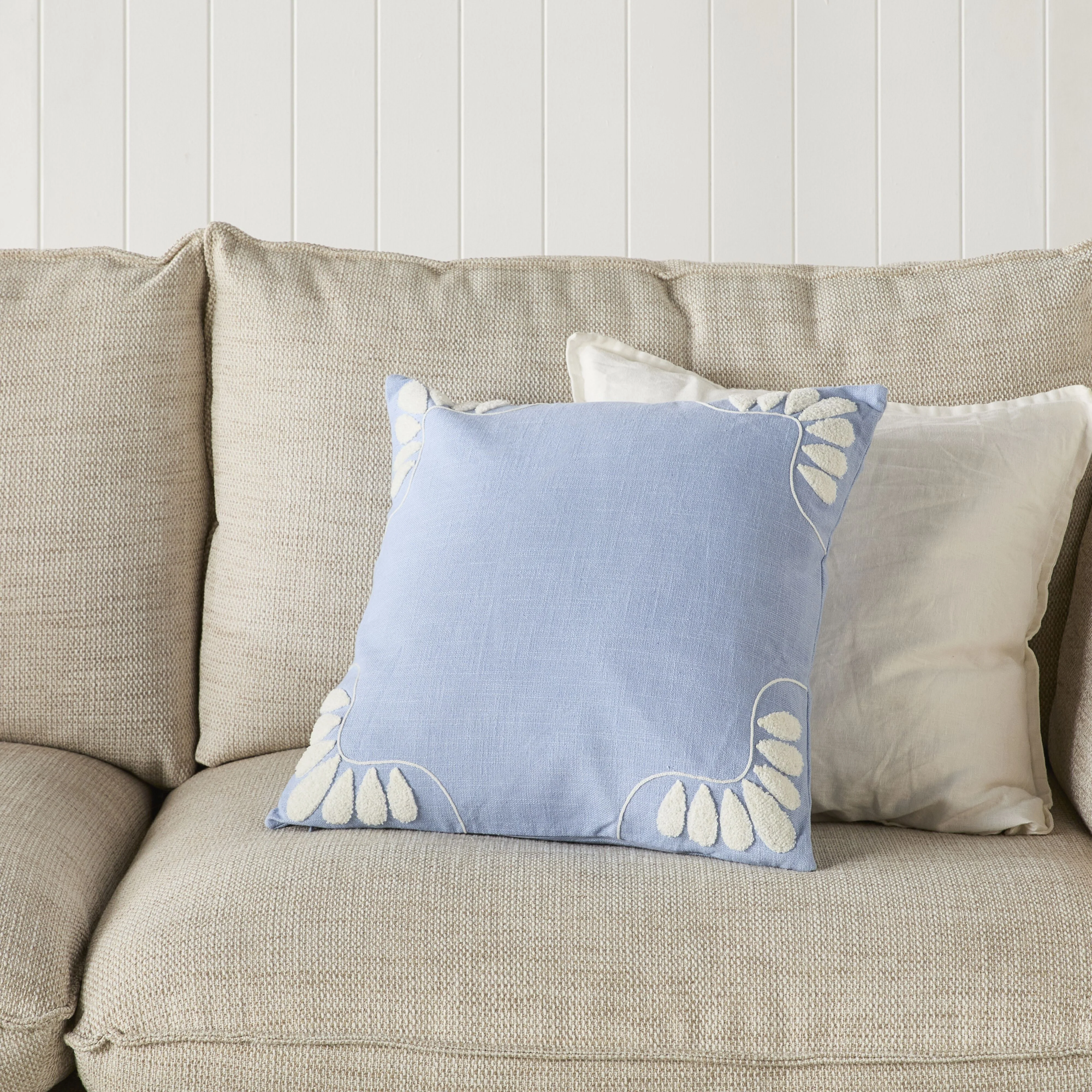 Erin Embroidered Slub Cotton Cushion Blue 50x50cm - Image 4