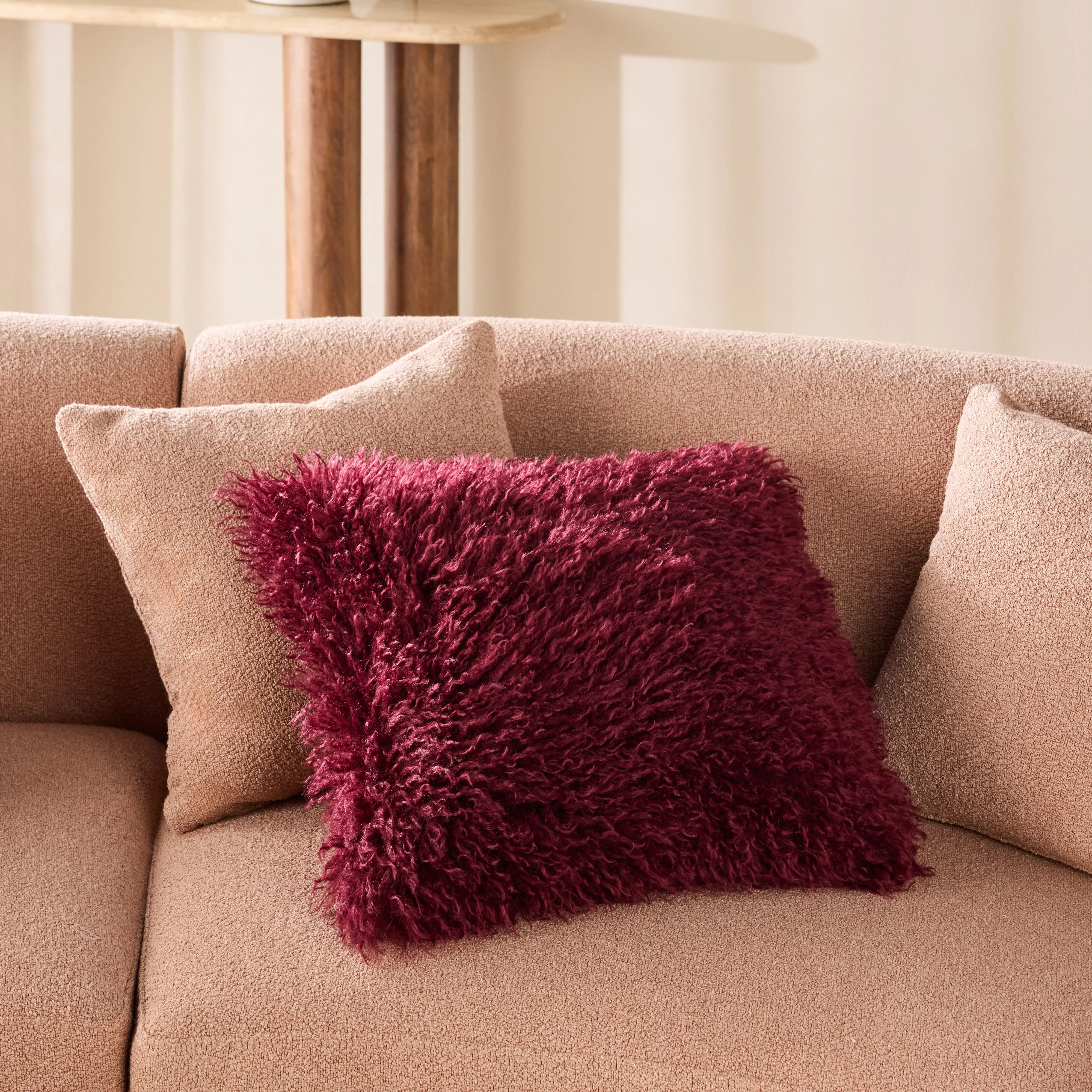 Faux Mongolian Fur and Velvet Cushion Claret 45x45cm - Image 4