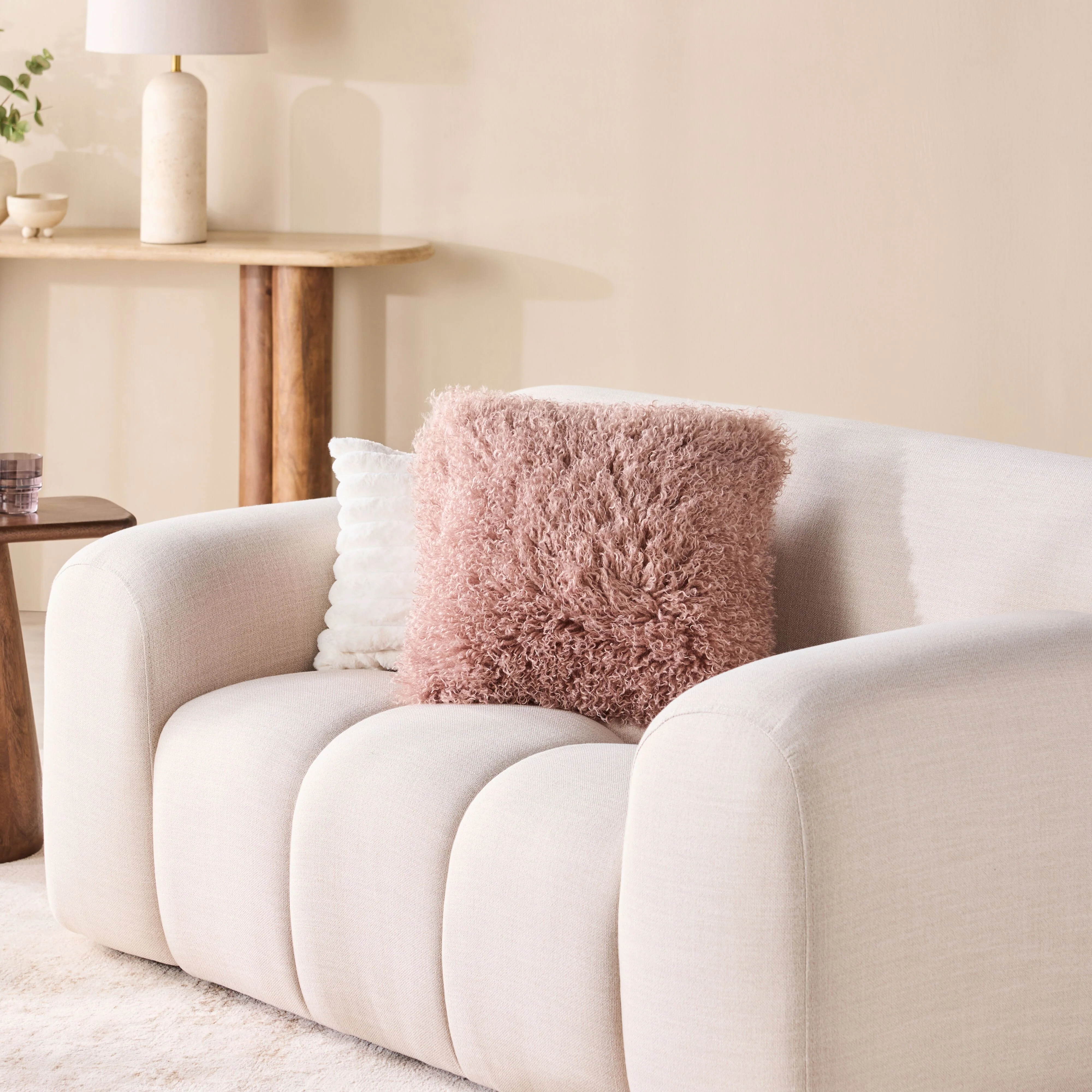 Faux Mongolian Fur and Velvet Cushion Rose Smoke 45x45cm - Image 4