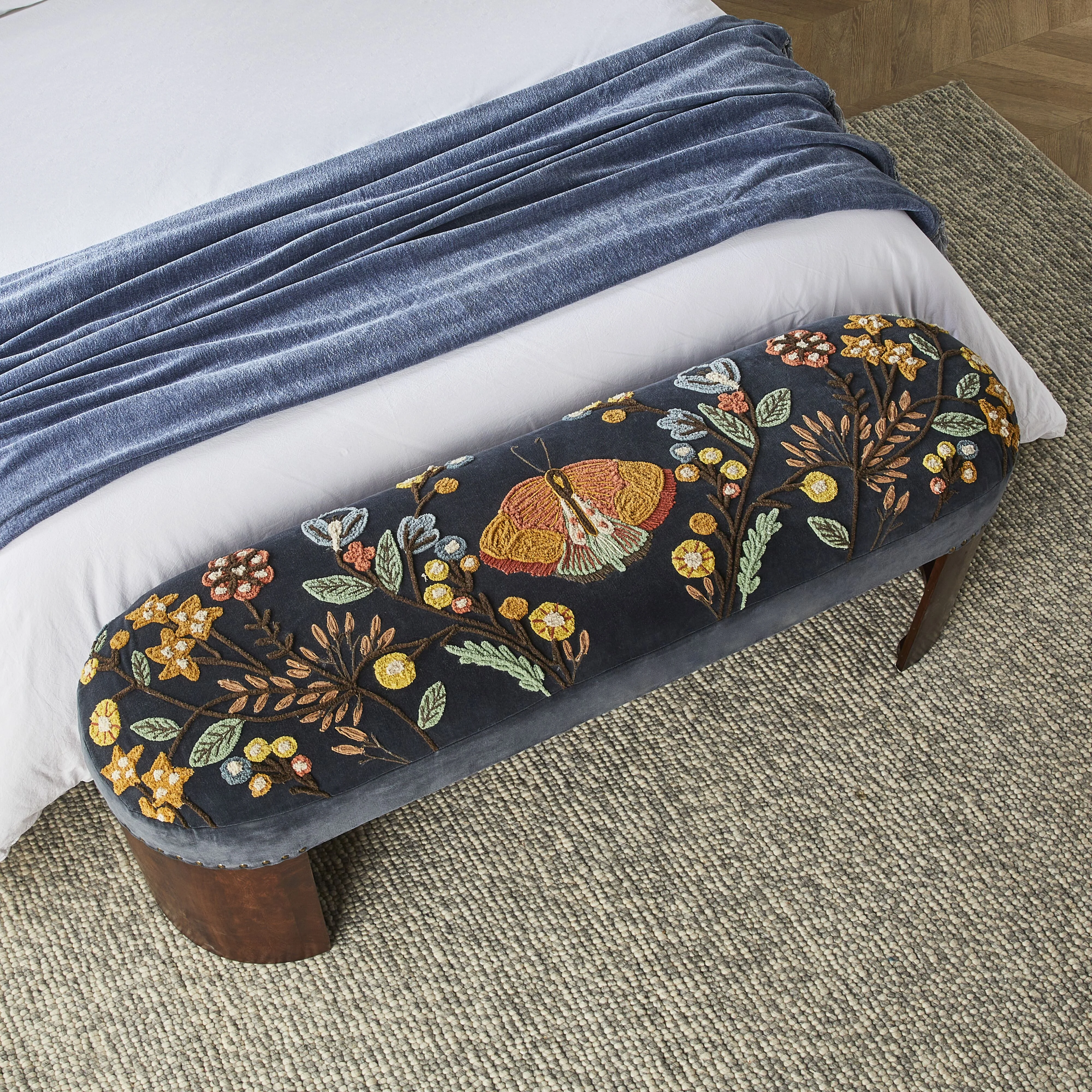 Freya Embroidered Bench Dark Blue Velvet - Image 5