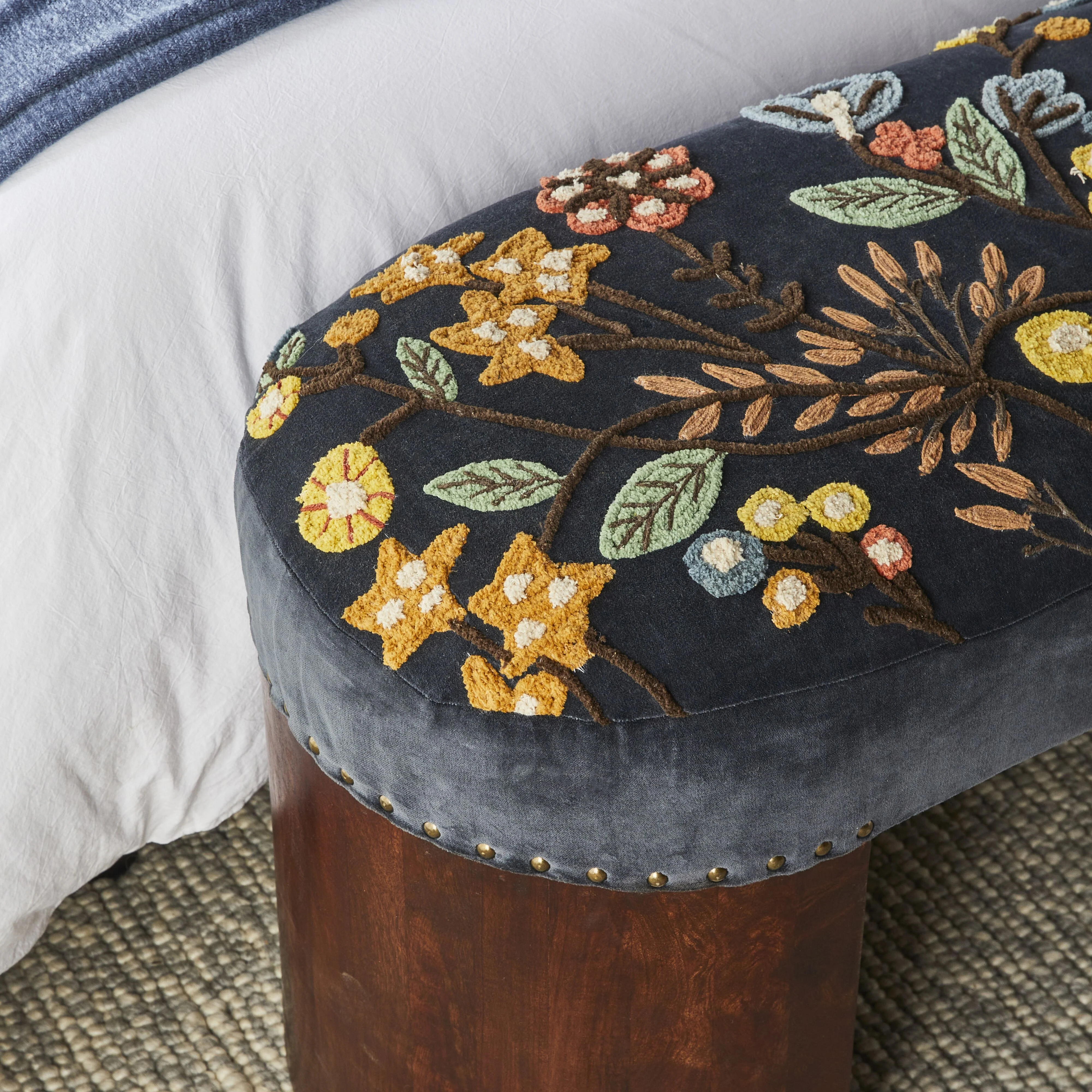 Freya Embroidered Bench Dark Blue Velvet - Image 6