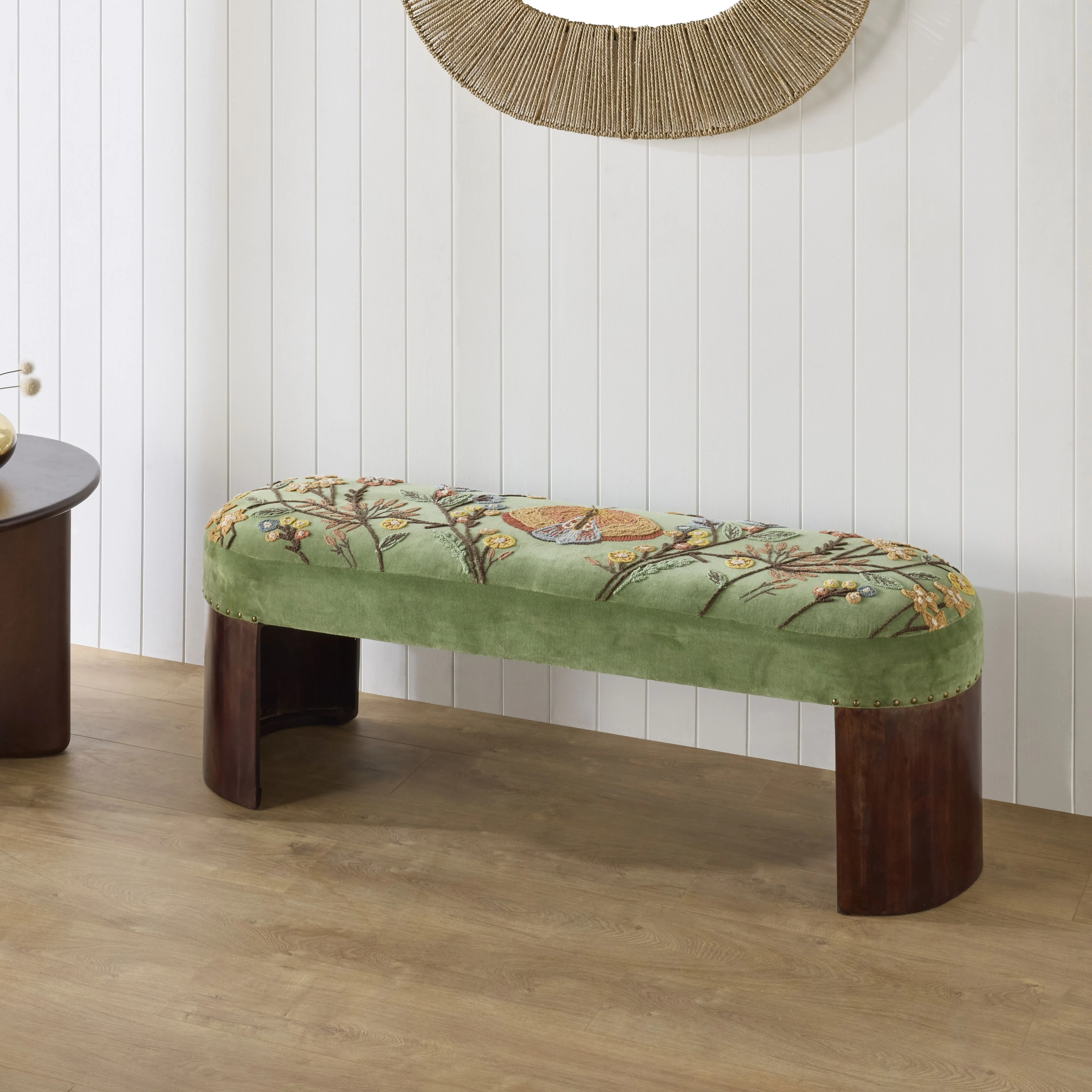 Freya Embroidered Bench Green Velvet - Image 7
