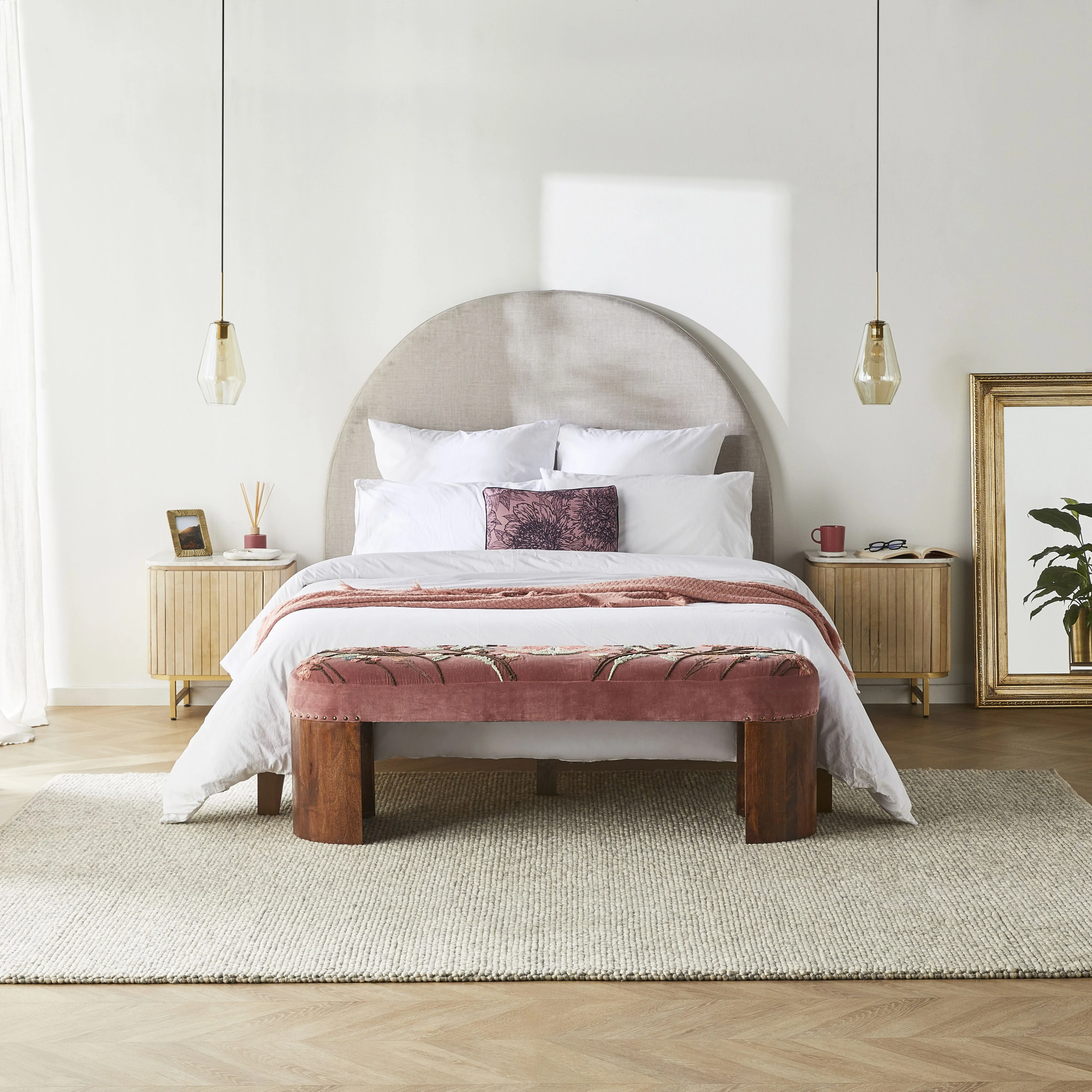 Freya Embroidered Bench Rose Pink Velvet - Image 7