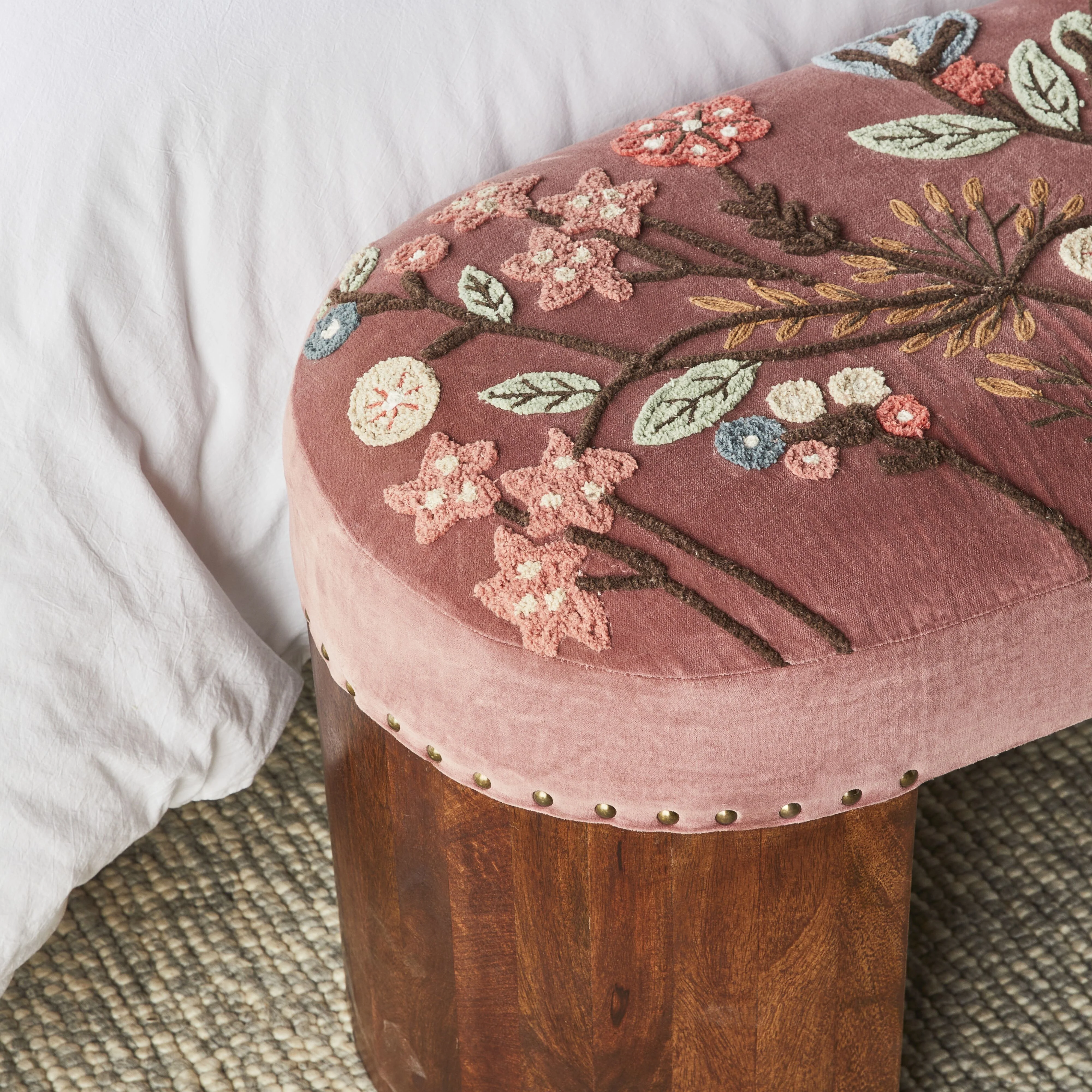 Freya Embroidered Bench Rose Pink Velvet - Image 9