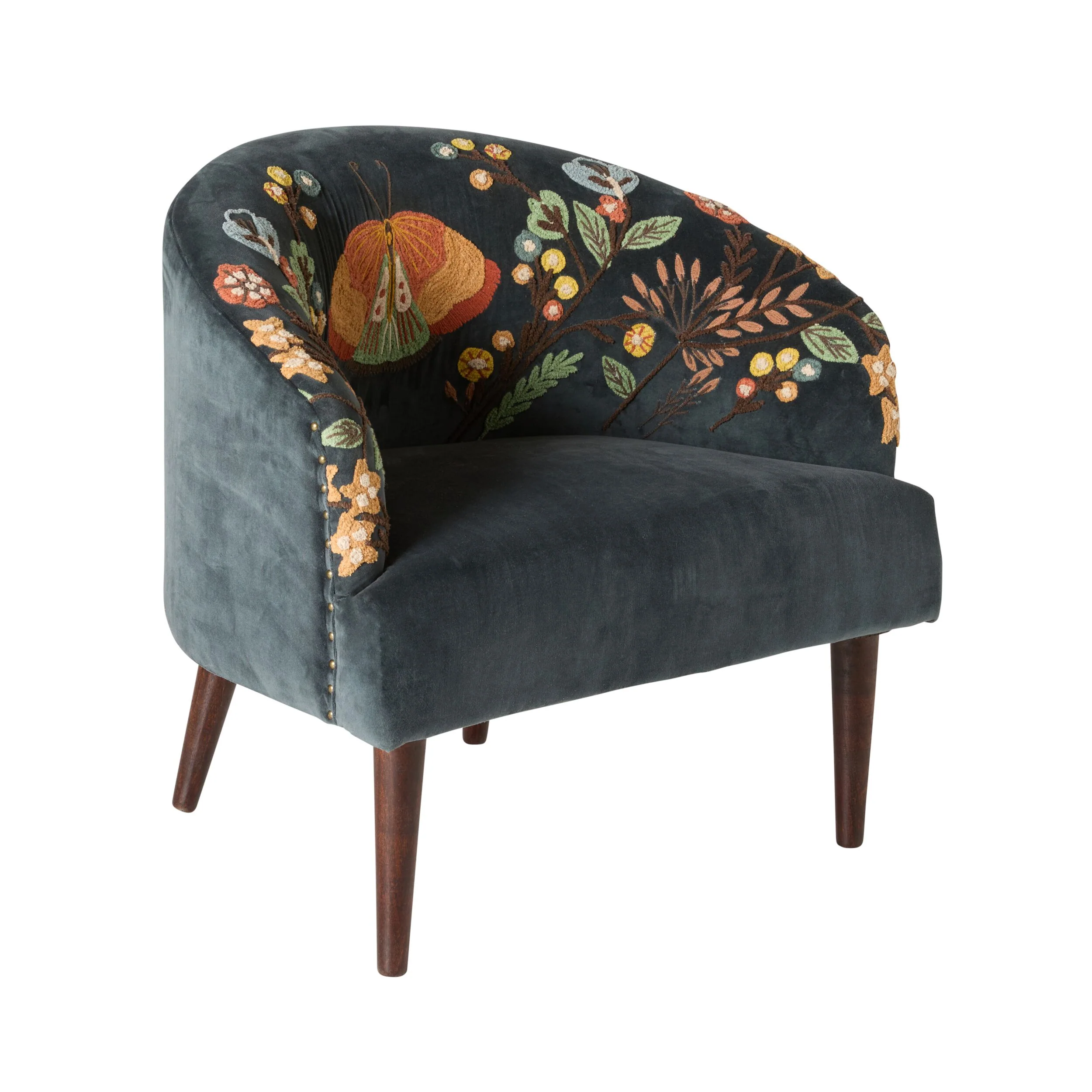 Freya Embroidered Occasional Chair Blue Velvet - Image 2