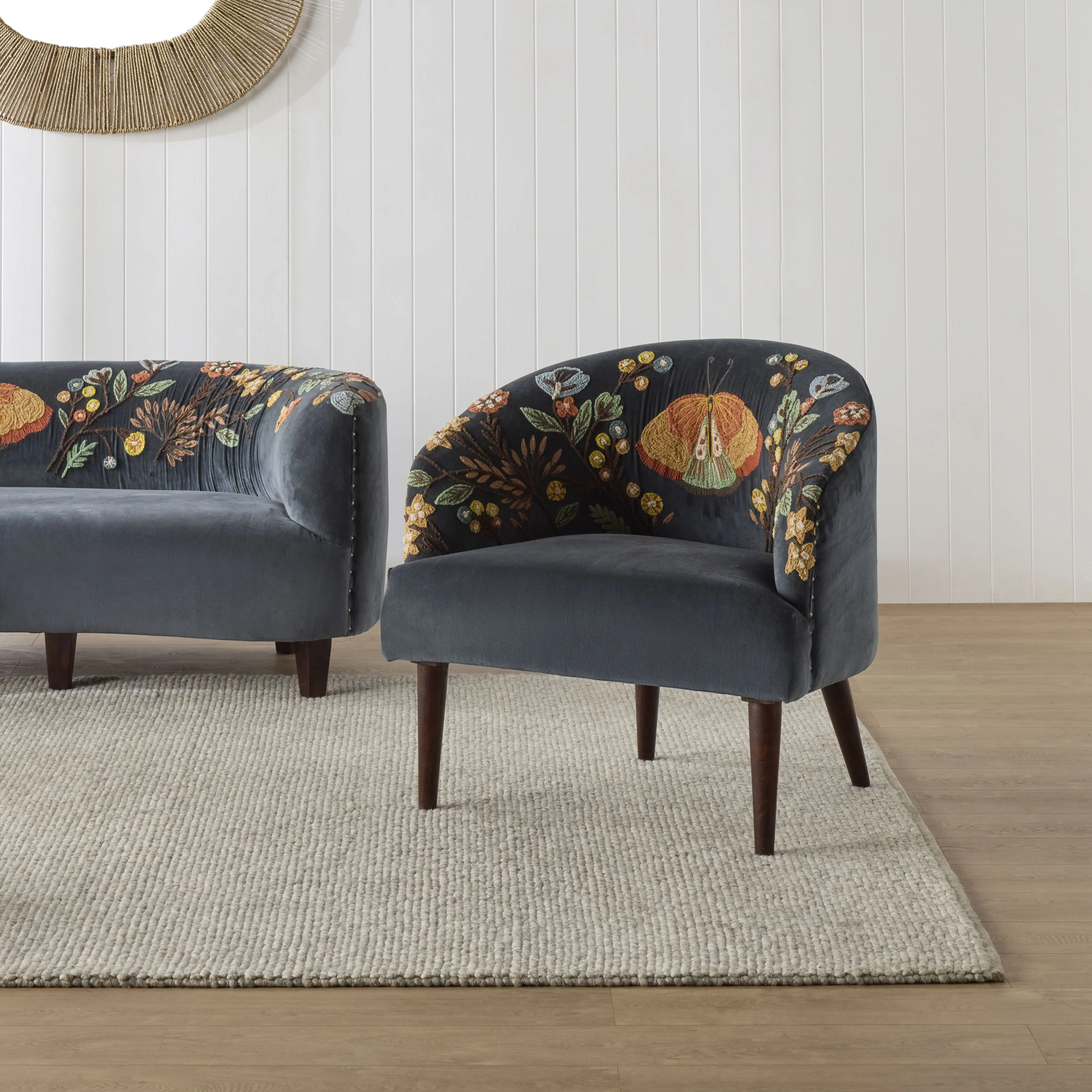 Freya Embroidered Occasional Chair Blue Velvet - Image 7
