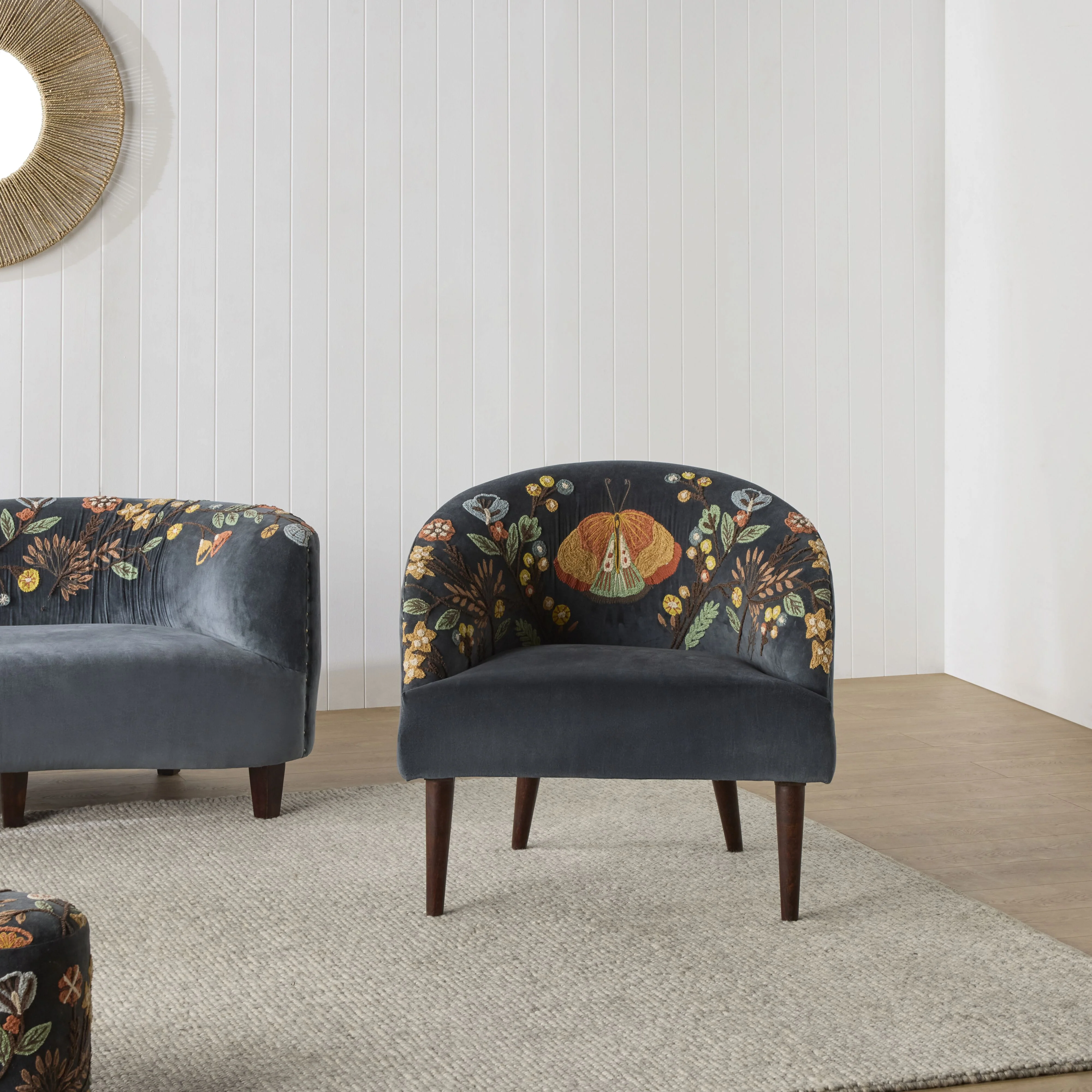 Freya Embroidered Occasional Chair Blue Velvet - Image 8