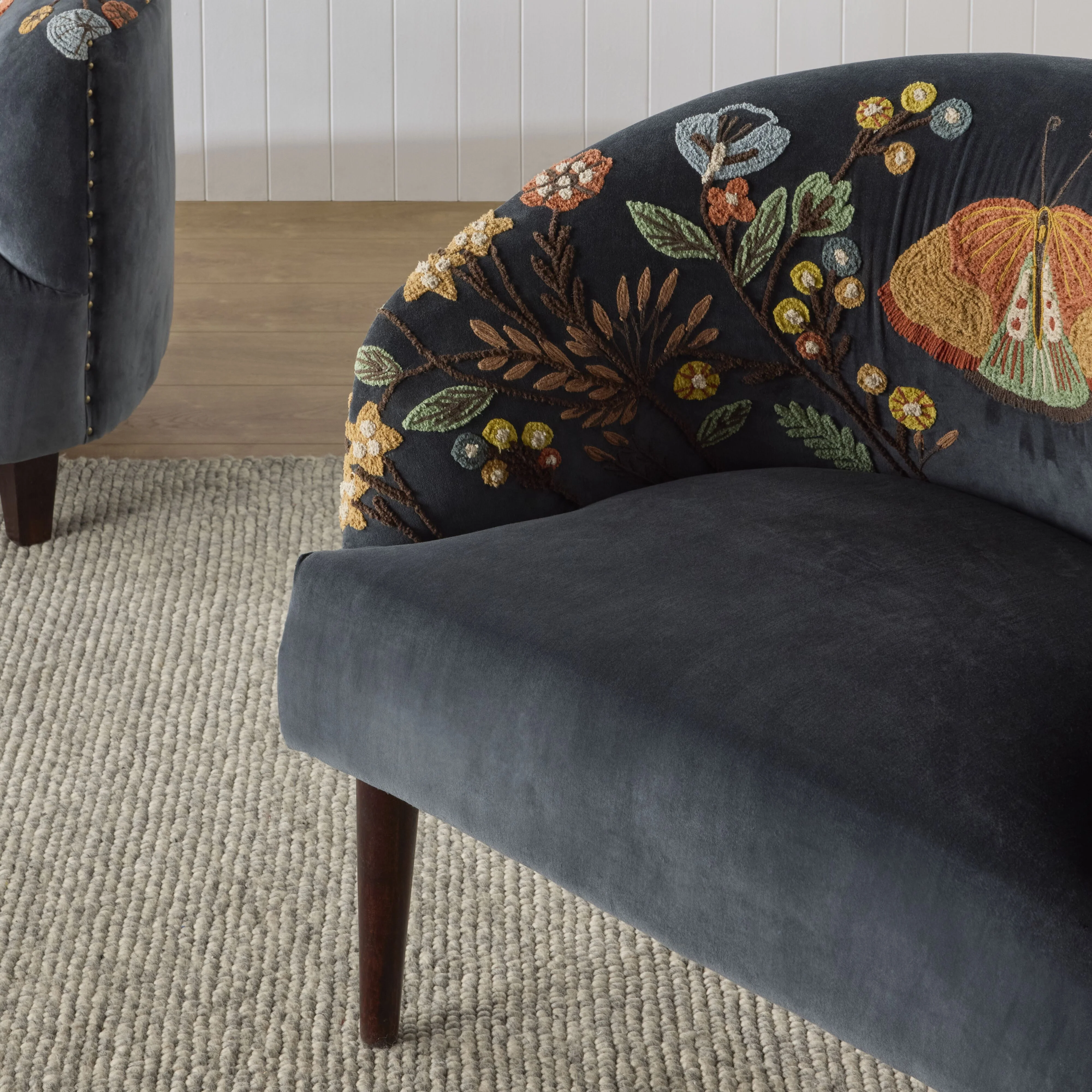 Freya Embroidered Occasional Chair Blue Velvet - Image 9