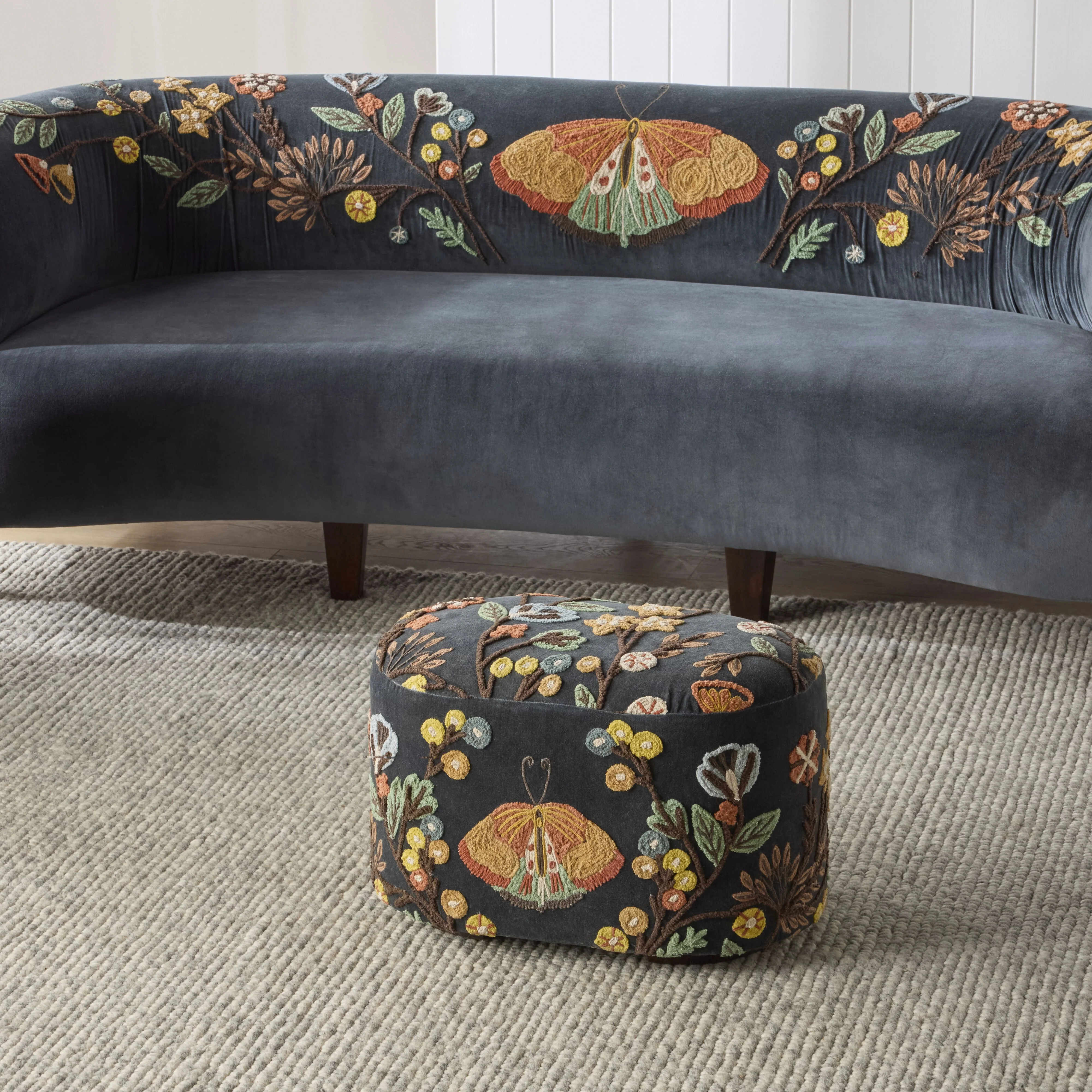 Freya Embroidered Ottoman Blue Velvet - Image 5