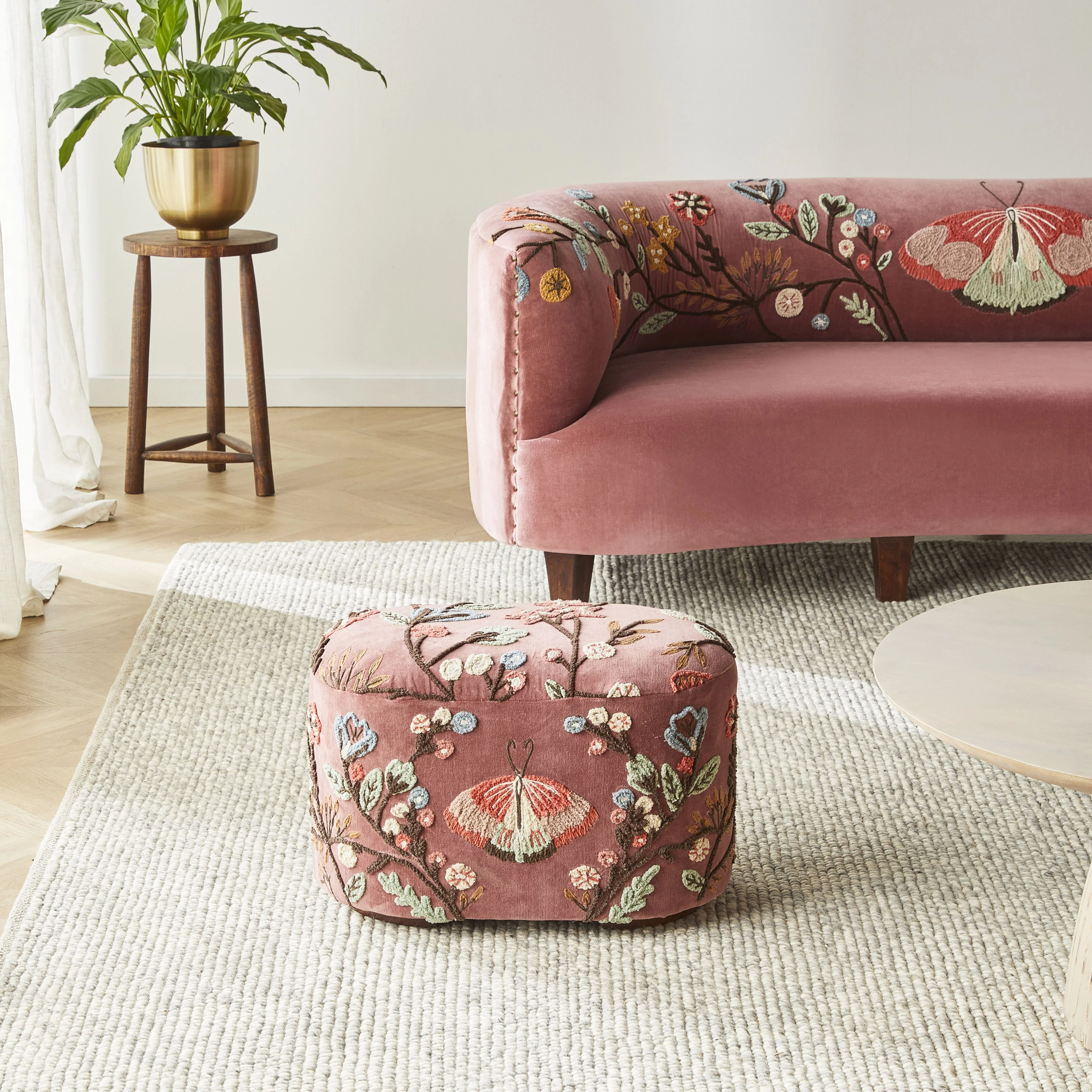 Freya Embroidered Ottoman Rose Pink Velvet - Image 7
