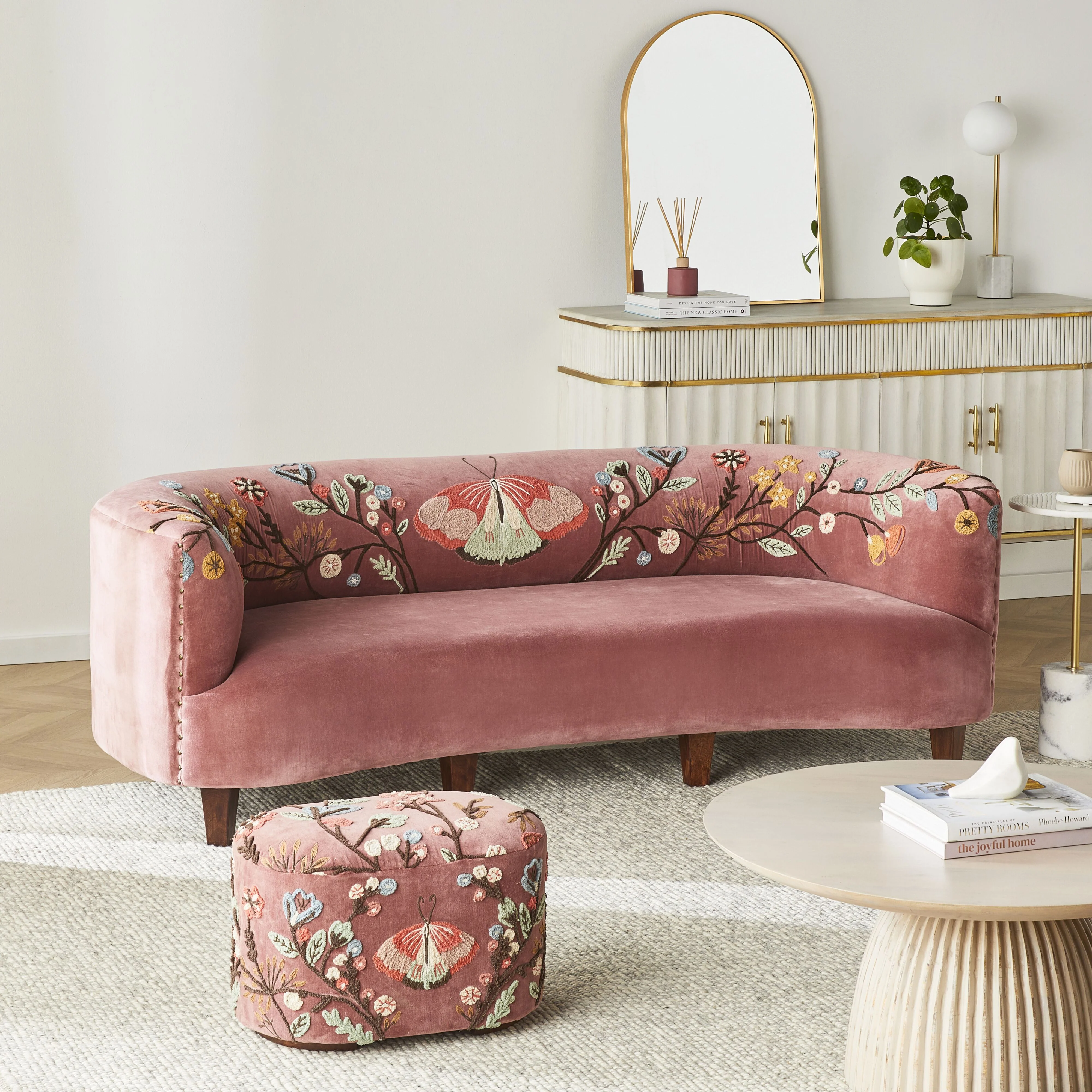 Freya Embroidered Sofa Rose Pink Velvet - Image 7