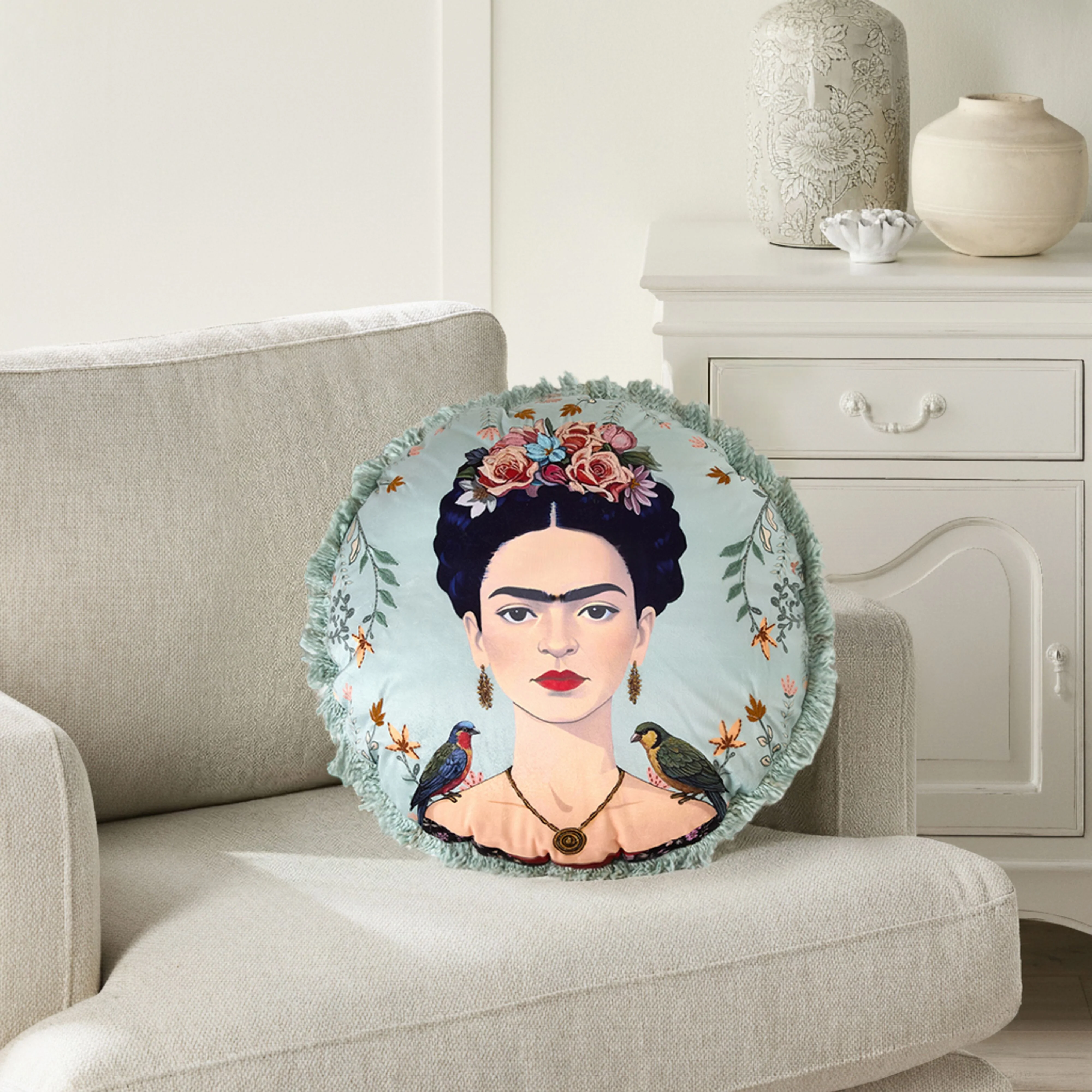 Frida Embroidered Velvet Round Cushion - Image 5